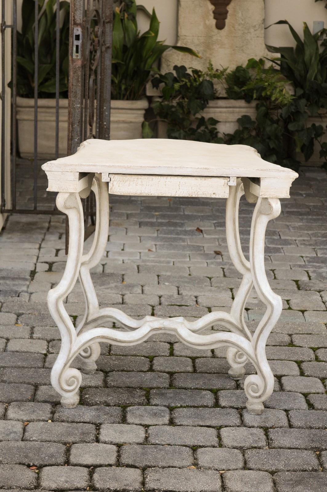 French 1900 Rococo Style Painted Console Table with Scrolling Legs and Stretcher For Sale 2