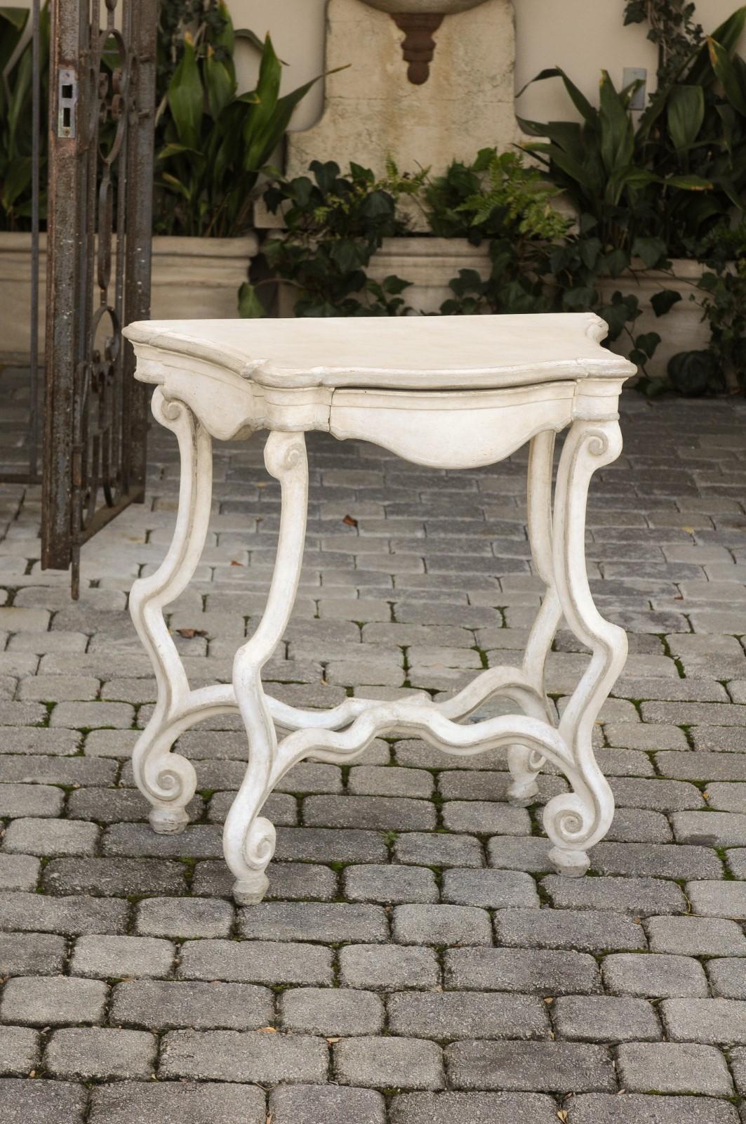 Wood French 1900 Rococo Style Painted Console Table with Scrolling Legs and Stretcher For Sale