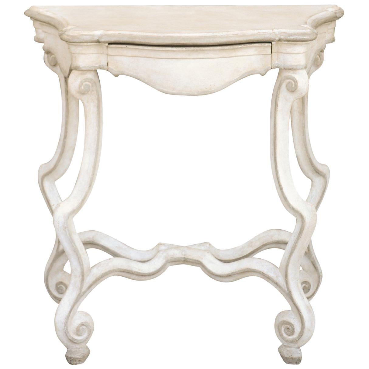 French 1900 Rococo Style Painted Console Table with Scrolling Legs and Stretcher
