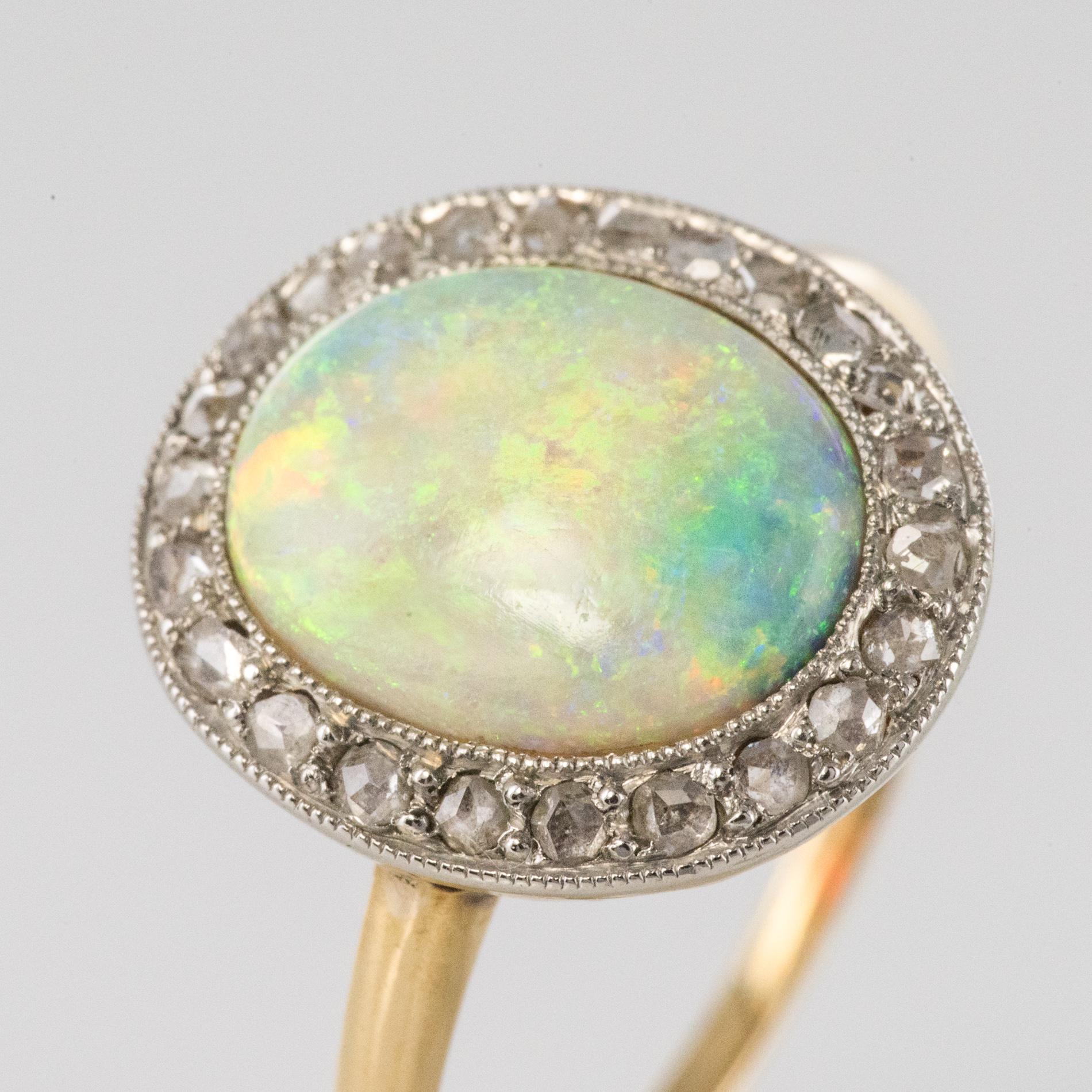 French 1900s 1.57 Carat Opal Diamonds 18 Karat Yellow Gold Cluster Ring 3