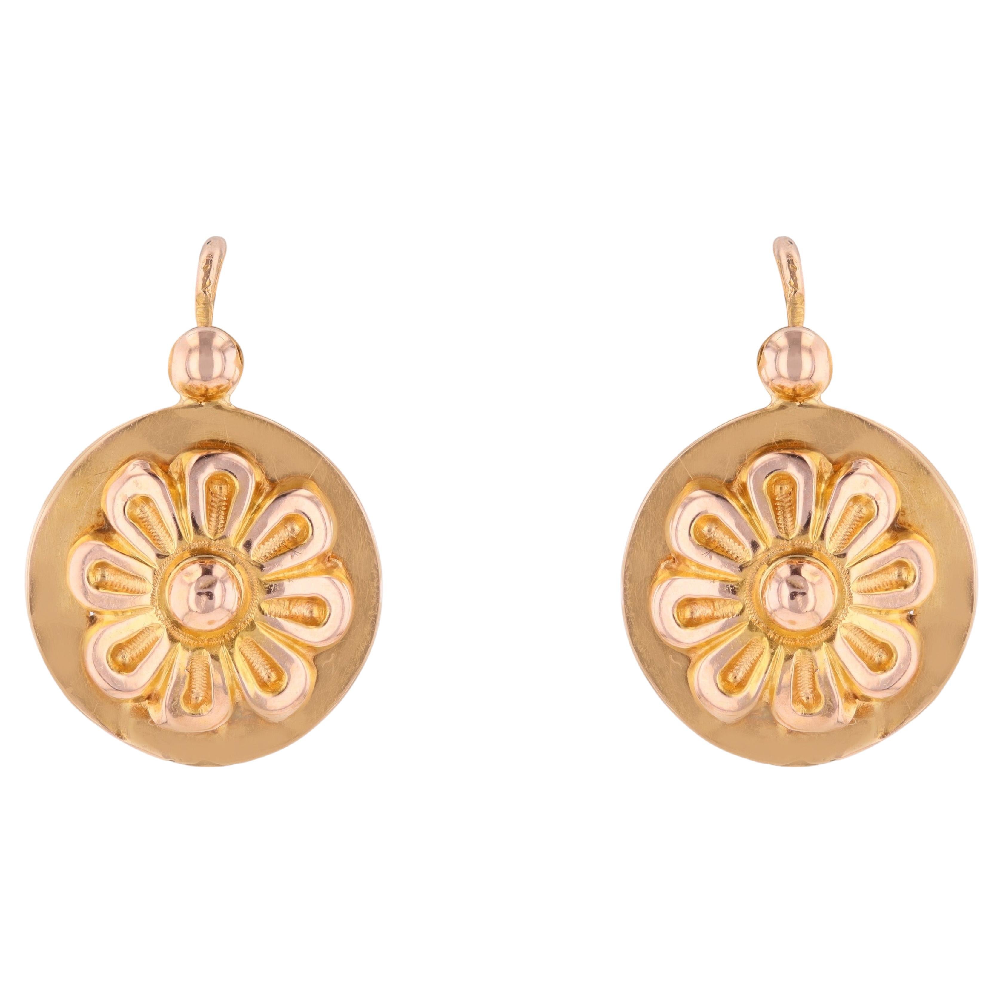 French 1900s 18 Karat Rose Gold Lever- Back Flowers Earrings