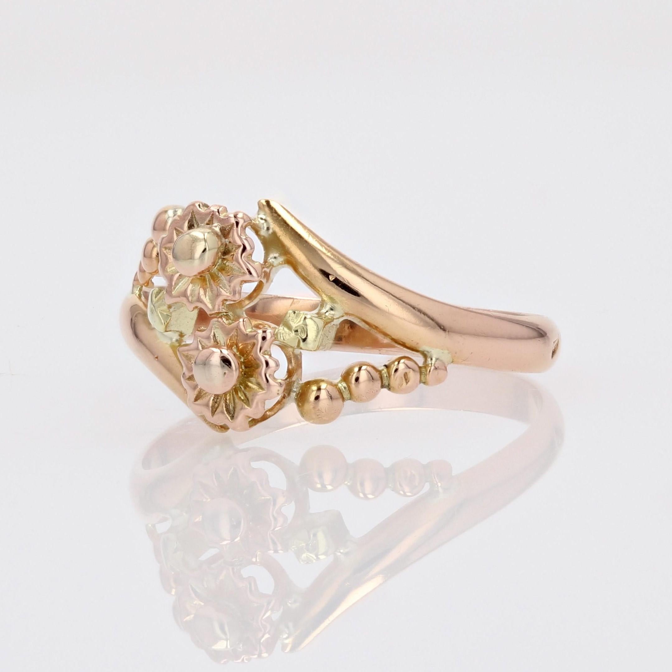 Belle Époque French 1900s 18 Karat Rose Green Gold Floral Pattern You and Me Ring