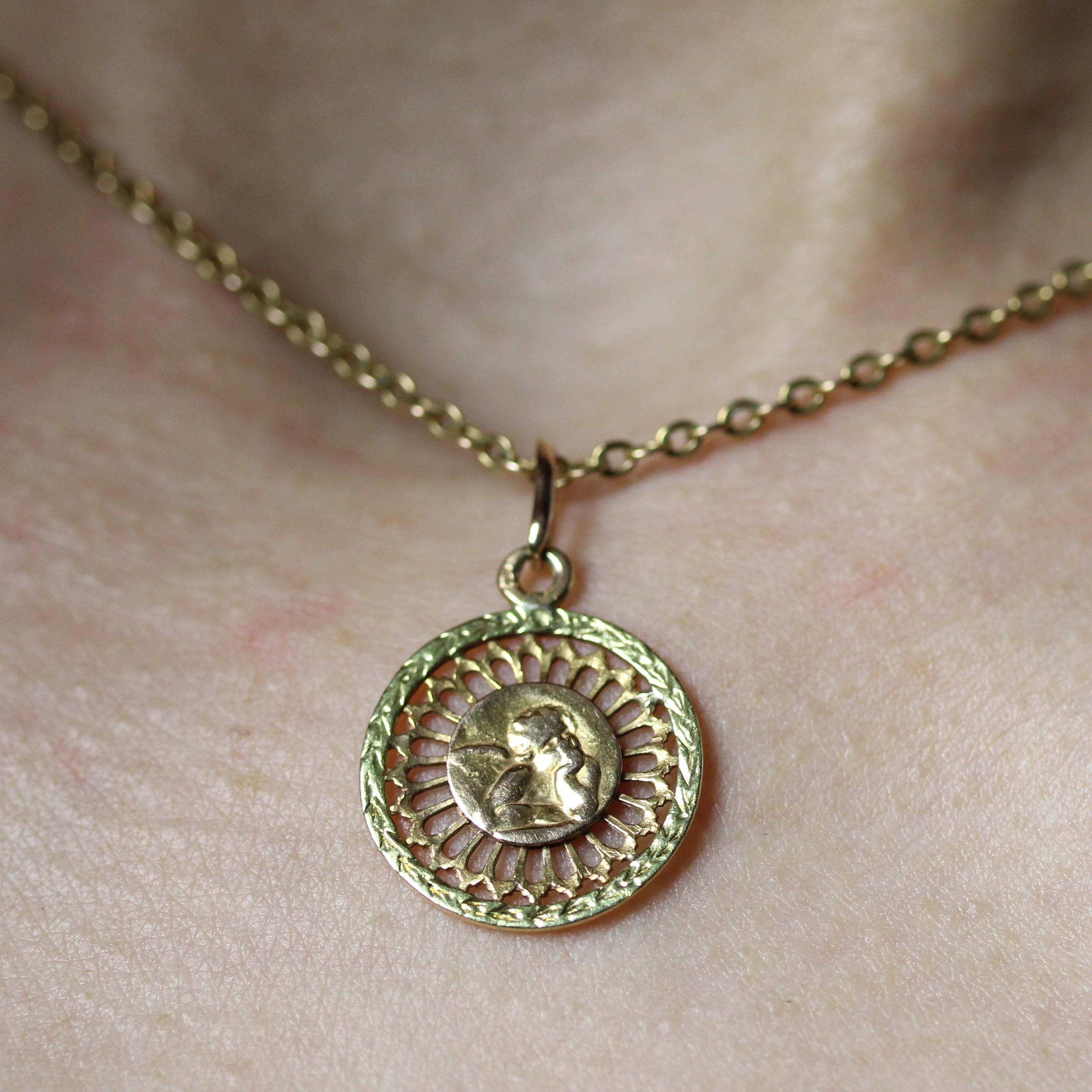 Women's or Men's French 1900s 18 Karat Rose Green Gold Openwork Angel Medal Pendant