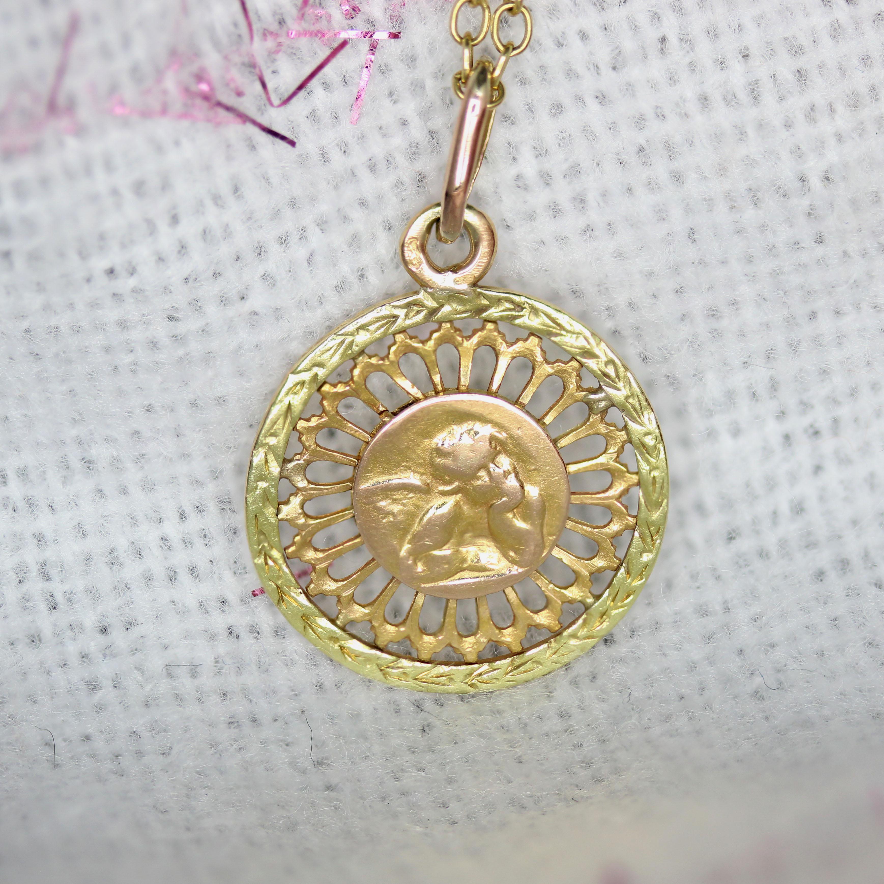 French 1900s 18 Karat Rose Green Gold Openwork Angel Medal Pendant 1