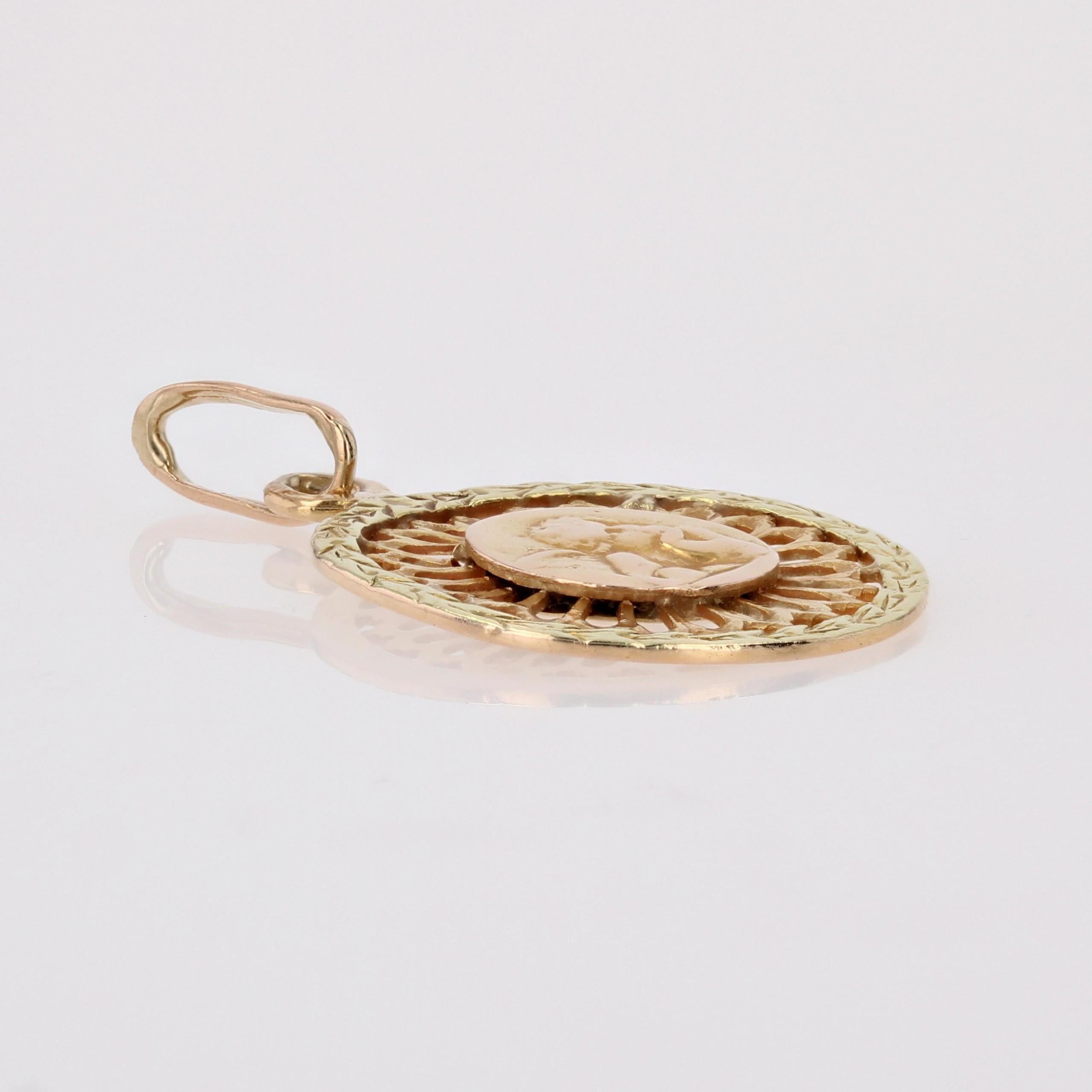 French 1900s 18 Karat Rose Green Gold Openwork Angel Medal Pendant 2