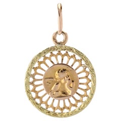 French 1900s 18 Karat Rose Green Gold Openwork Angel Medal Pendant