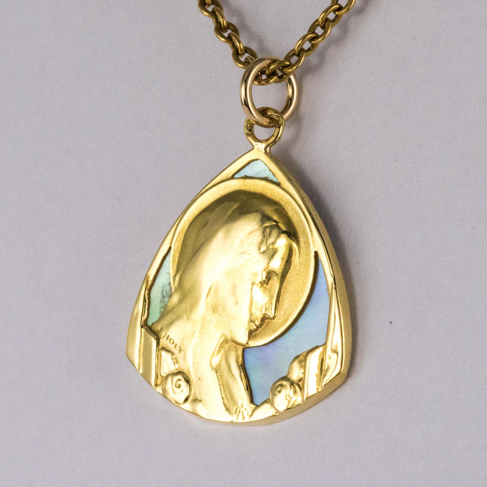 Belle Époque French 1900s 18 Karat Yellow Gold Mother of Pearl Virgin Pendant