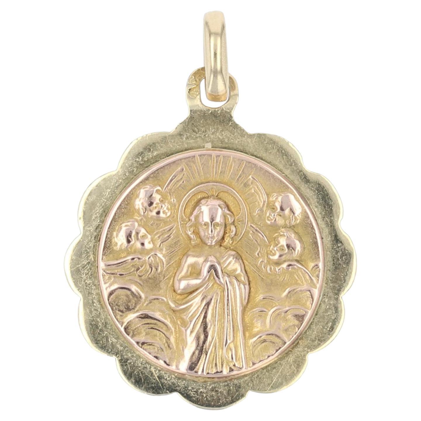 Französische Medaille Französisch 1900er Jahre 18 Karat Gelb-Roségold Christus umgeben von Engeln