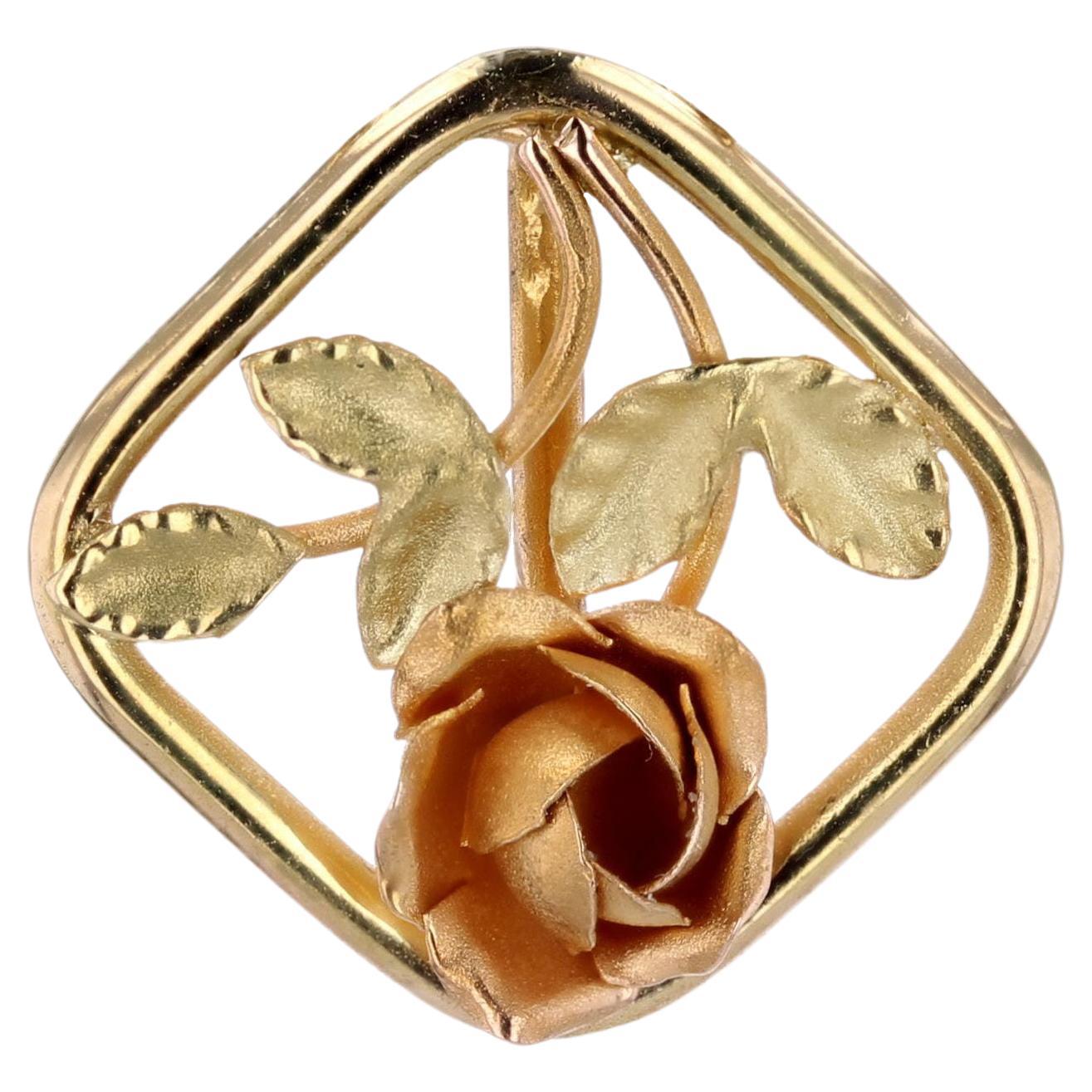 French 1900s 18 Karat Yellow Rose Green Gold Rose Pendant For Sale