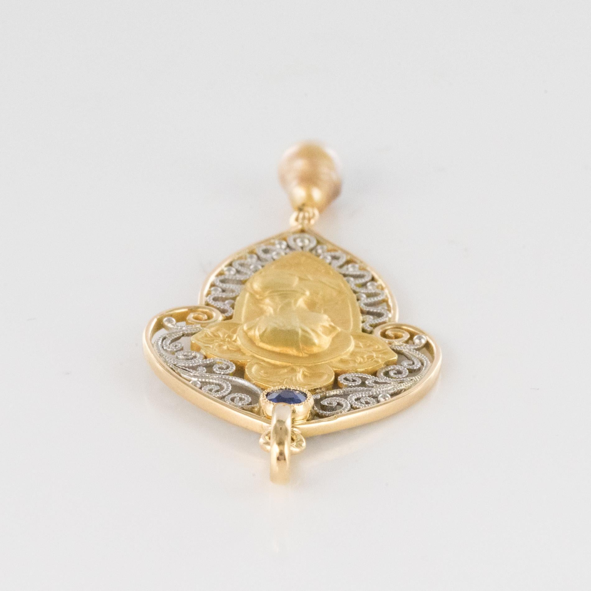 Pendentif Vierge en or jaune et blanc 18 carats, saphir et perle naturelle, datant des années 1900. en vente 4