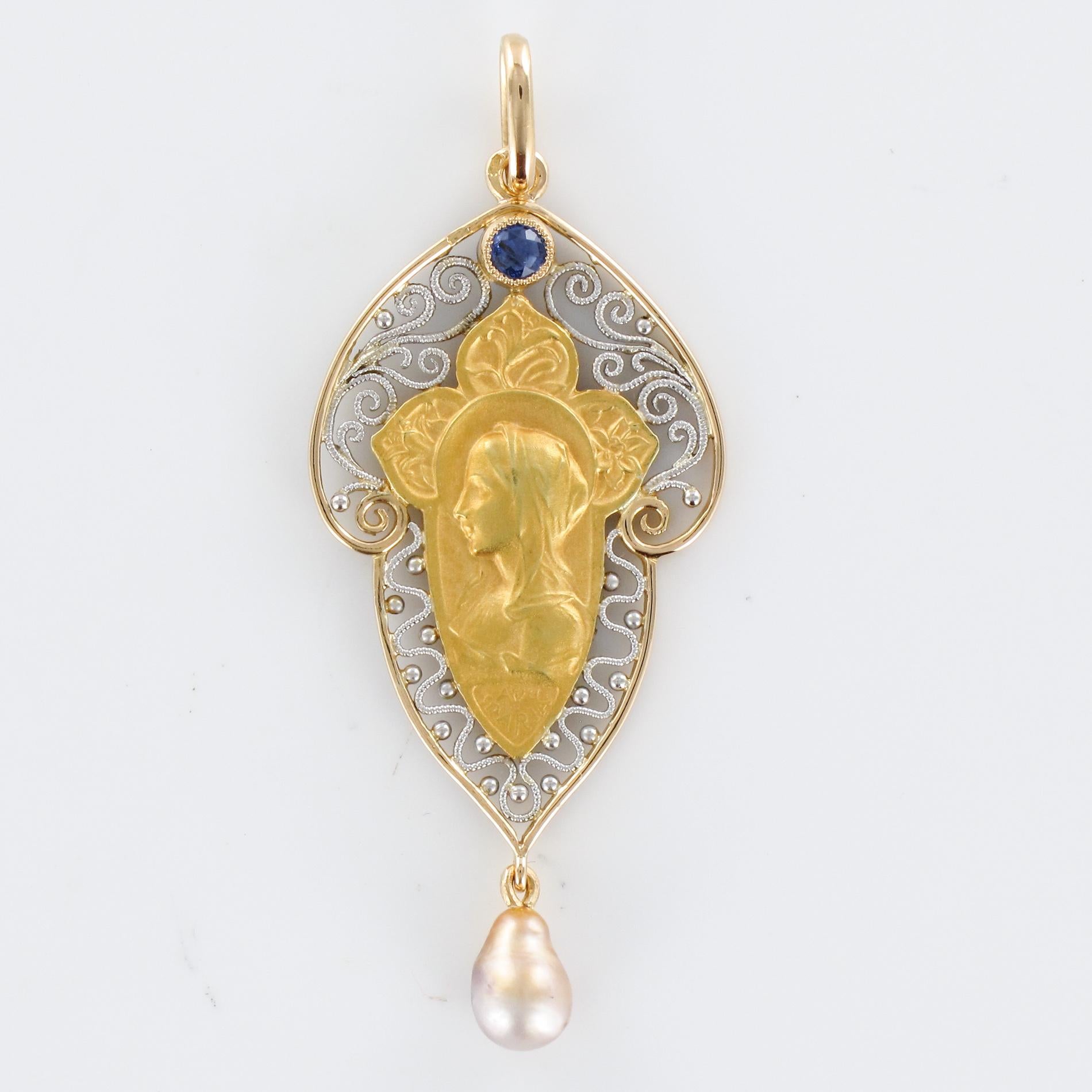 French 1900s 18 Karat Yellow White Gold Sapphire Natural Pearl Virgin Pendant For Sale 5