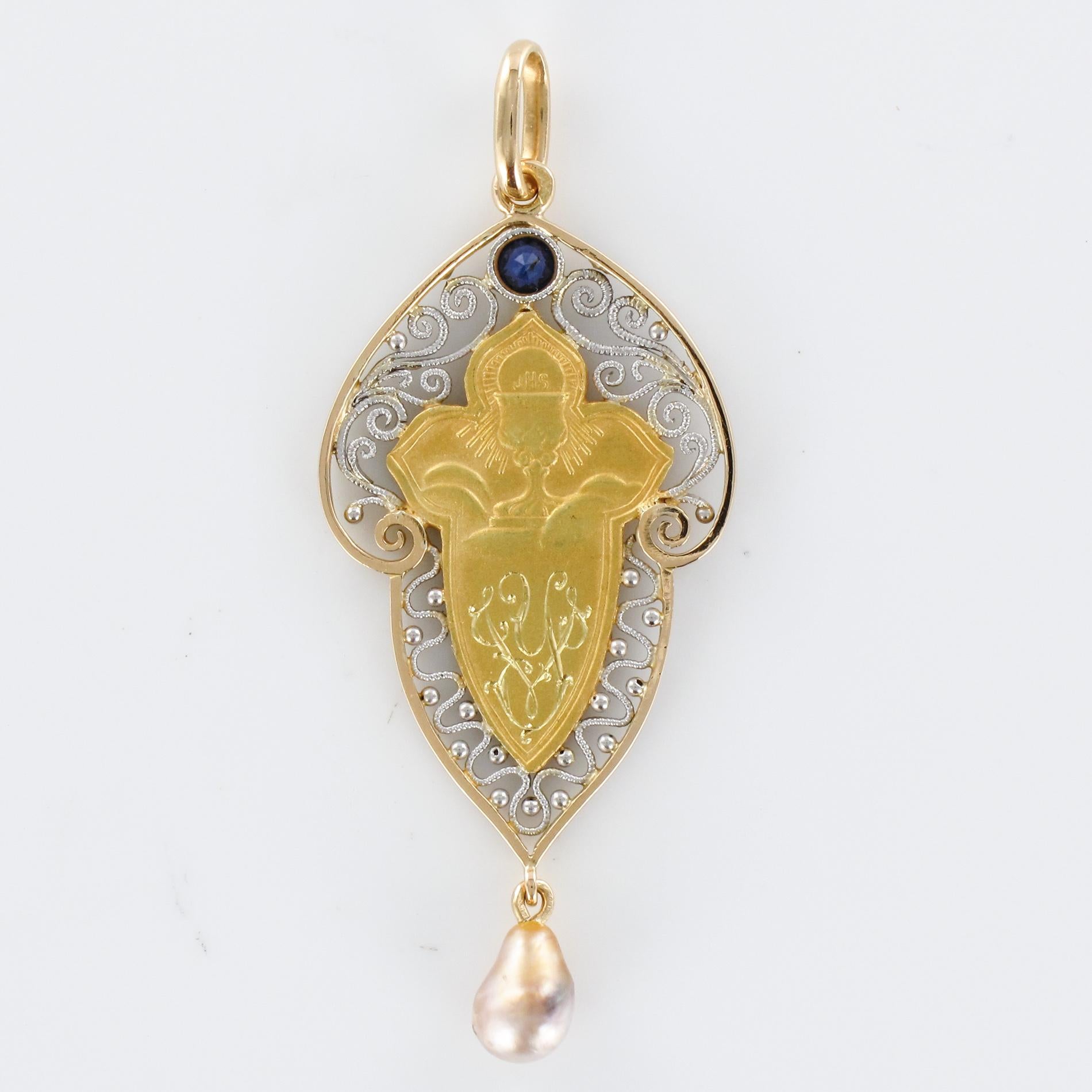 French 1900s 18 Karat Yellow White Gold Sapphire Natural Pearl Virgin Pendant For Sale 6