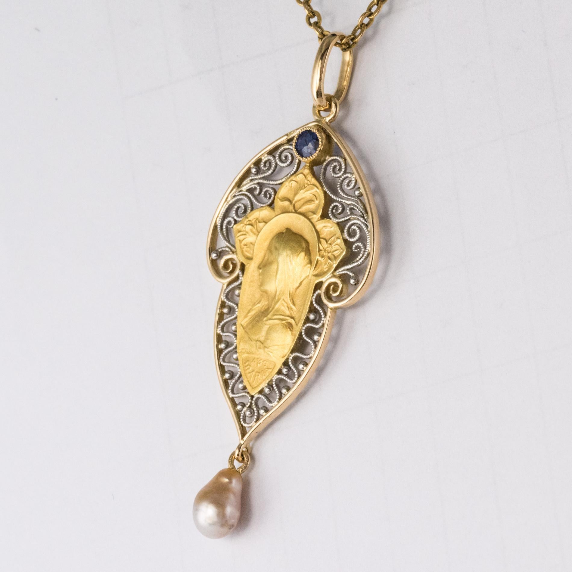 Belle Époque French 1900s 18 Karat Yellow White Gold Sapphire Natural Pearl Virgin Pendant For Sale
