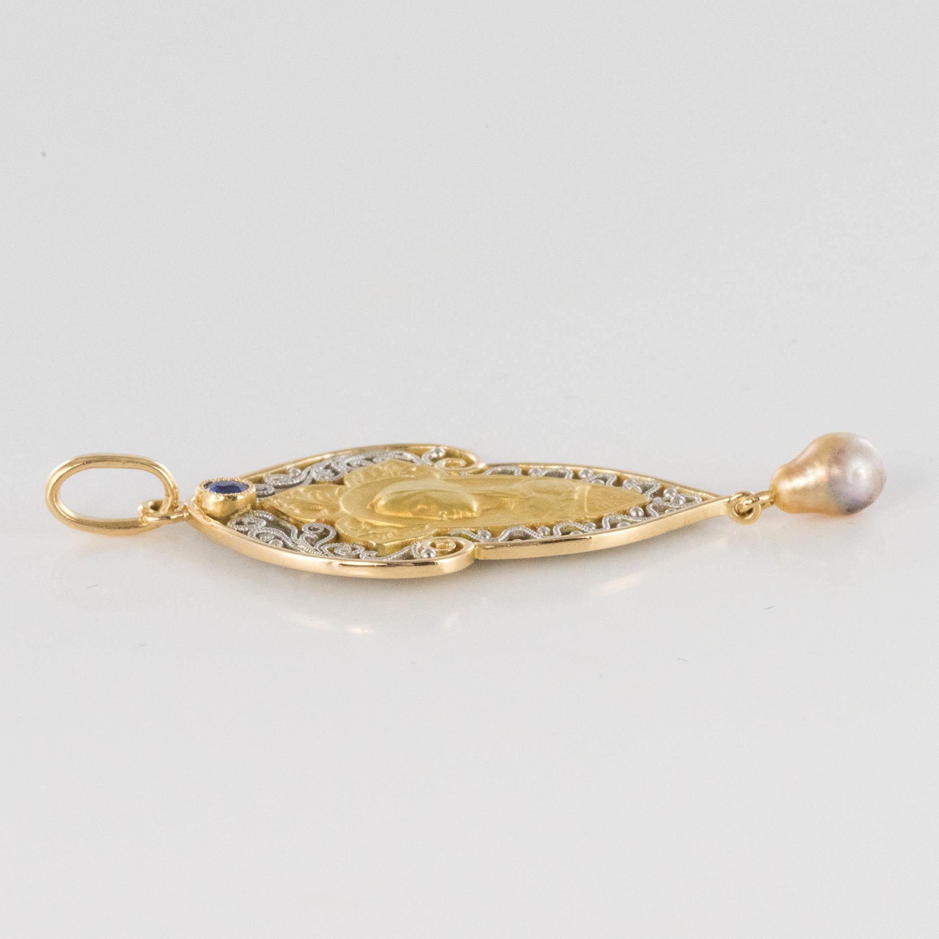 French 1900s 18 Karat Yellow White Gold Sapphire Natural Pearl Virgin Pendant For Sale 3