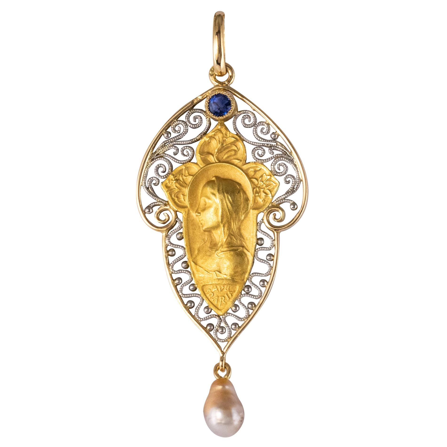 Französisch 1900er 18 Karat Gelb Weißgold Saphir natürliche Perle Jungfrau Anhänger