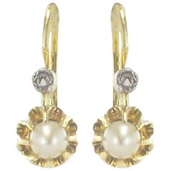 French 1900s Antique Cultured Pearl Diamonds Yellow Gold Drop Earrings