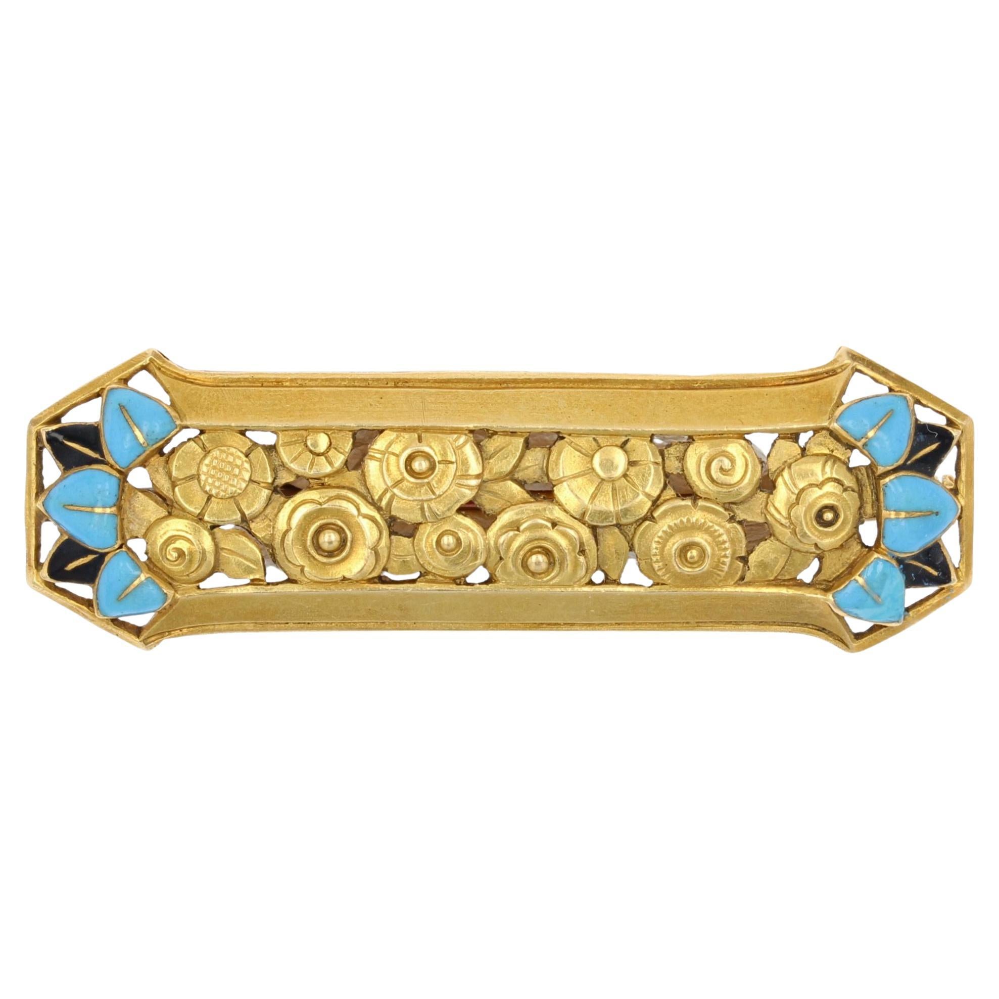 Französische Jugendstil-Brosche, 1900er Jahre, Emaille 18 Karat Gelbgold, Rosen