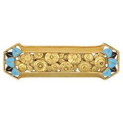 Antique French 1900s Art Nouveau Enamel 18 Karat Yellow Gold Roses Brooch