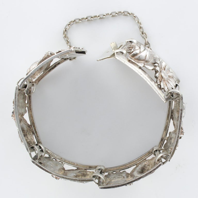 Bracelet Ancien En Argent Massif Vermeil Style Art Nouveau - Motif Fleuri Marguerite Vers 1900 - Occasion