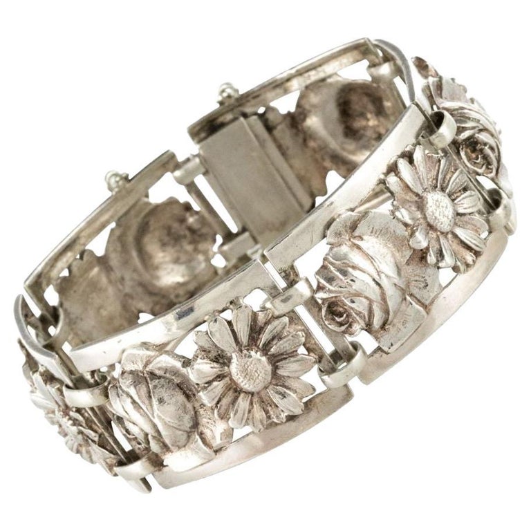 Bracelet Articulé Métal Chromé Motif Floral - Art Nouveau 1900, Parfait état