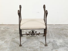 French 1900s Belle Époque Iron and Bronze Upholstered Stool with Swan Heads