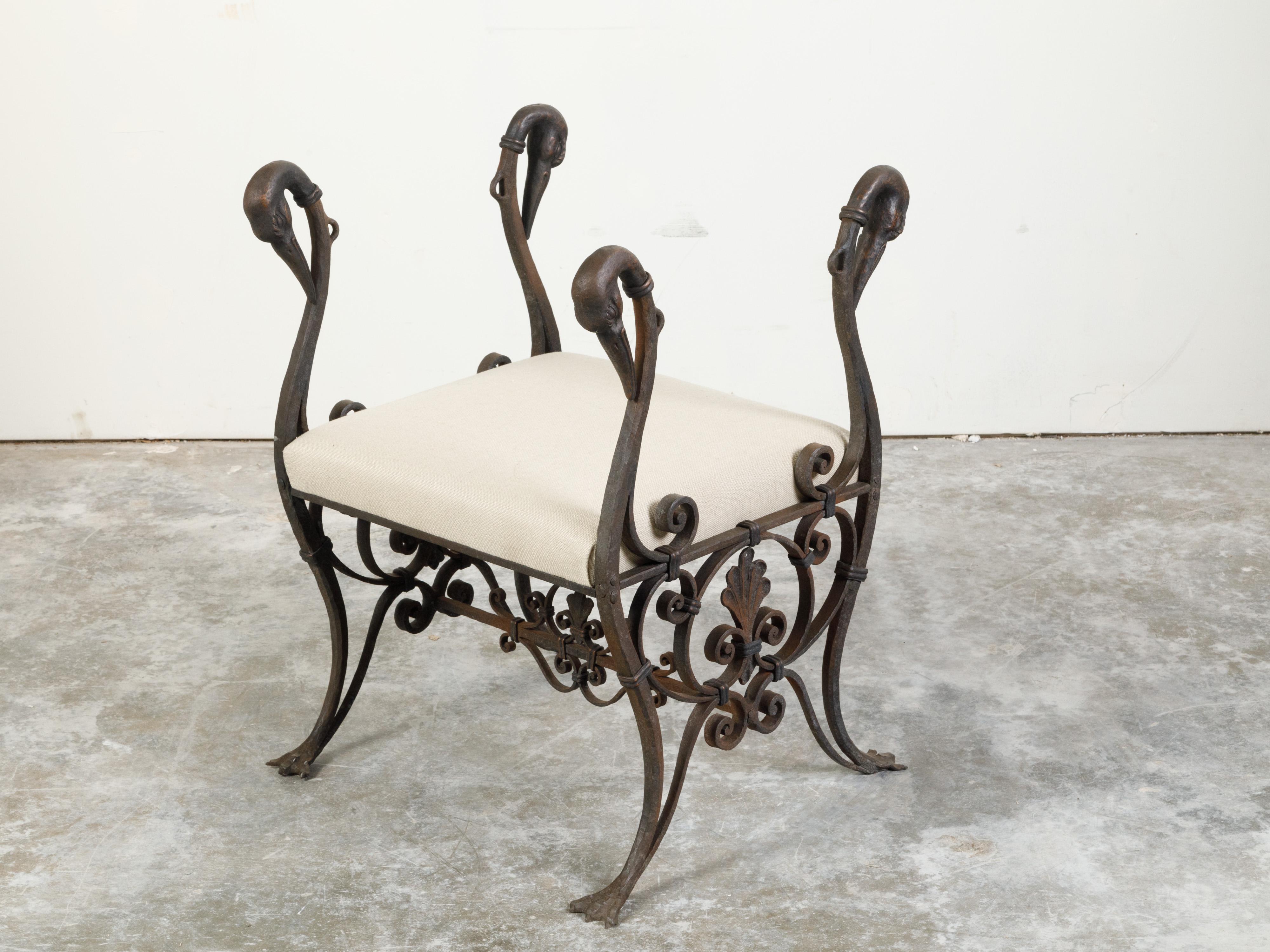 French 1900s Belle Époque Iron and Bronze Upholstered Stool with Swan Heads In Good Condition For Sale In Atlanta, GA