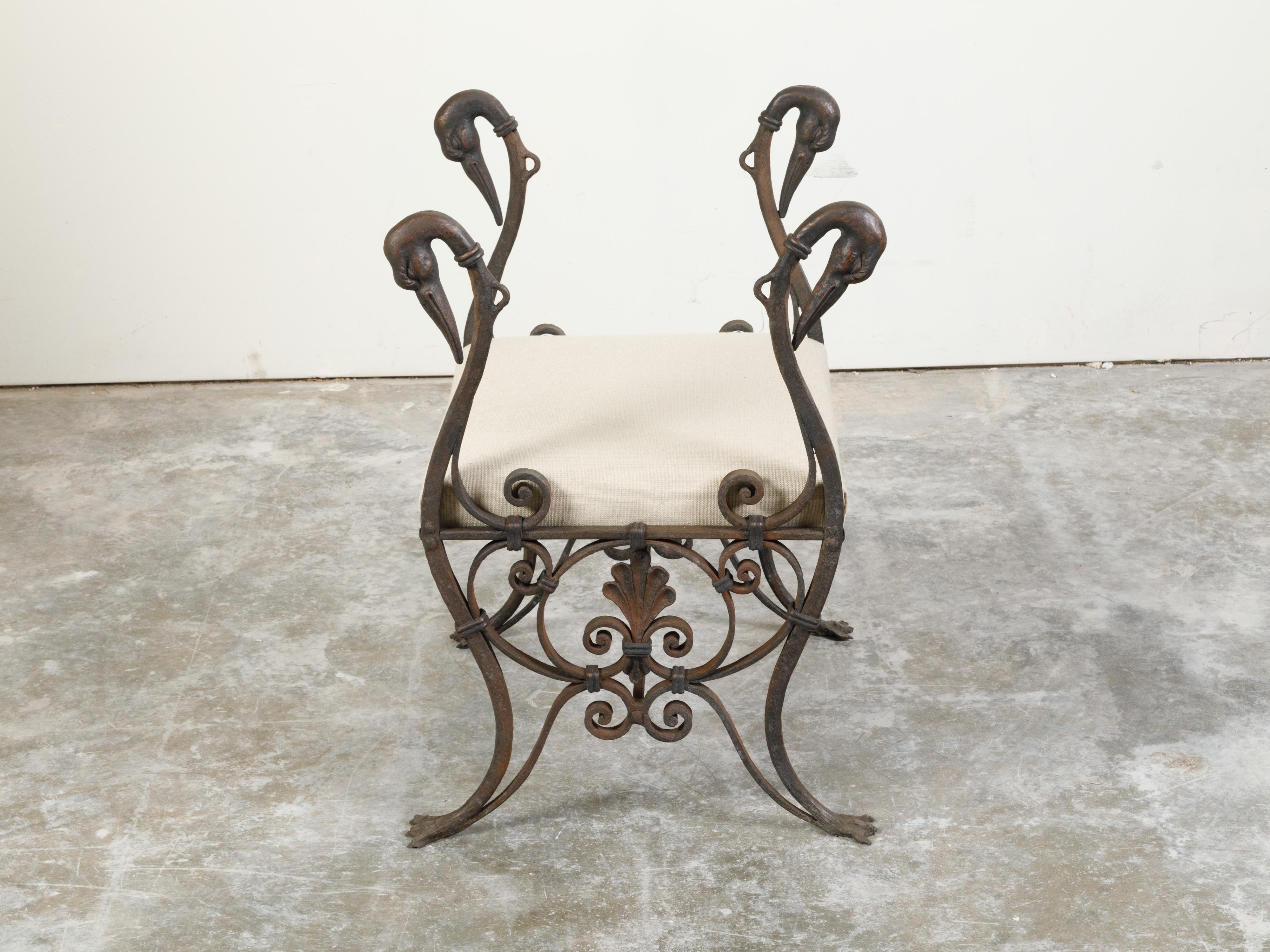 20th Century French 1900s Belle Époque Iron and Bronze Upholstered Stool with Swan Heads For Sale
