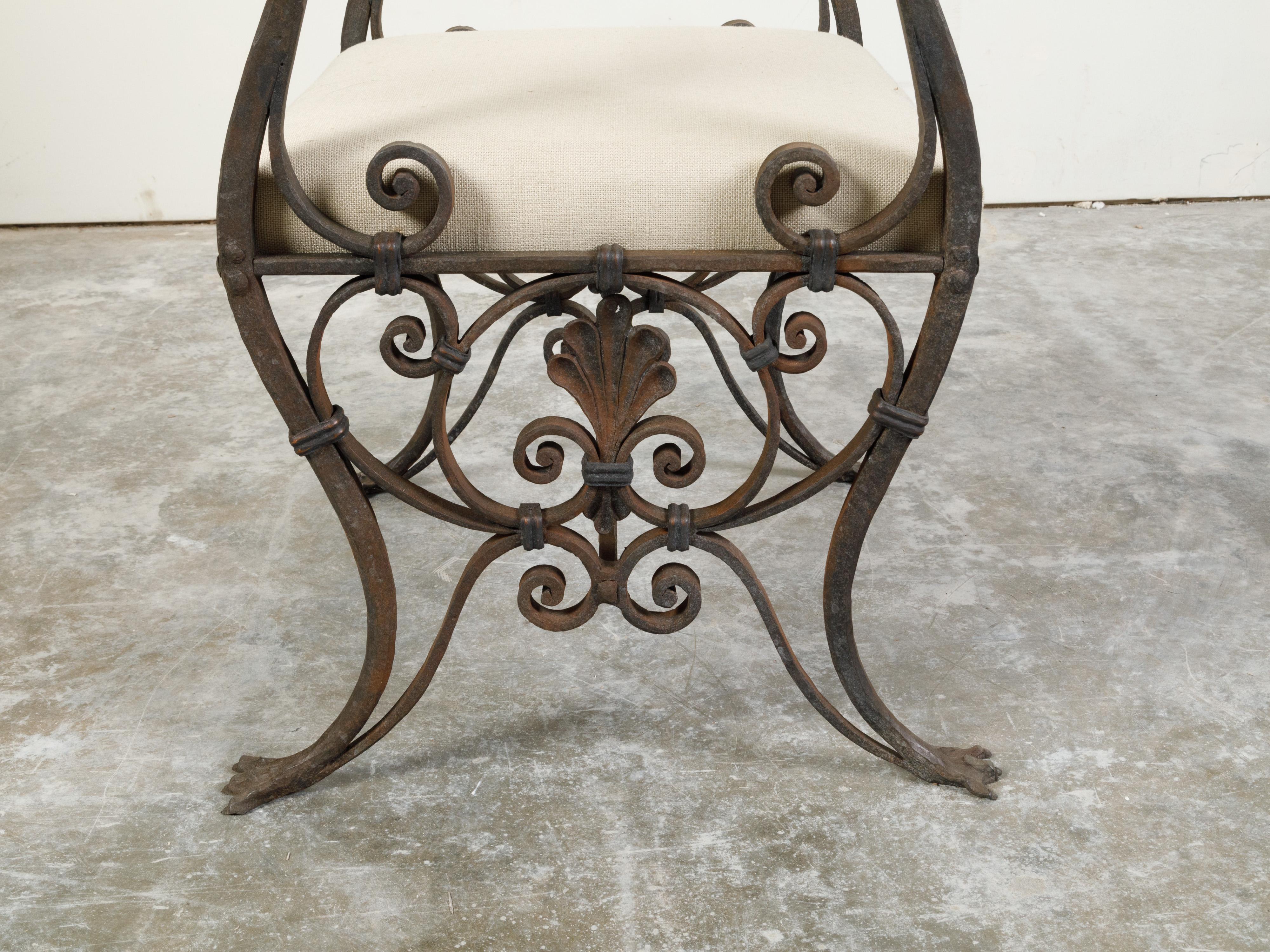 French 1900s Belle Époque Iron and Bronze Upholstered Stool with Swan Heads For Sale 1