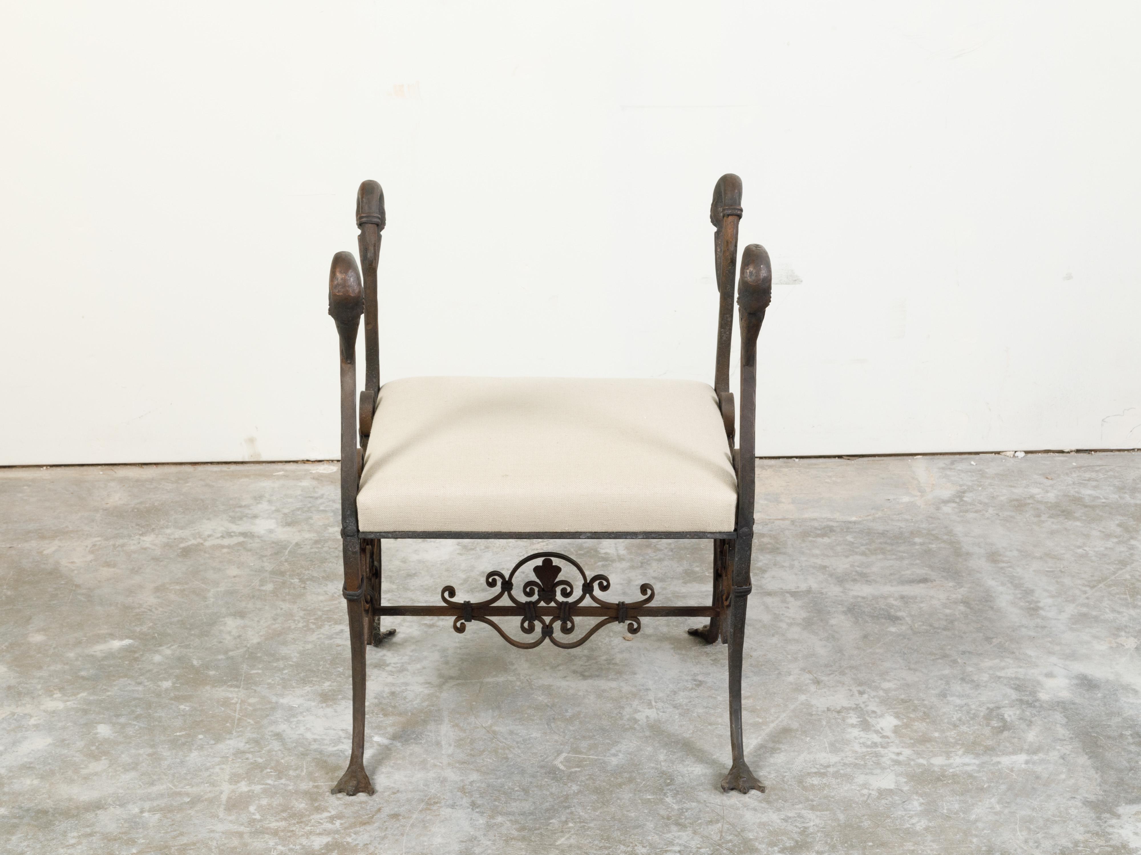 French 1900s Belle Époque Iron and Bronze Upholstered Stool with Swan Heads For Sale 2