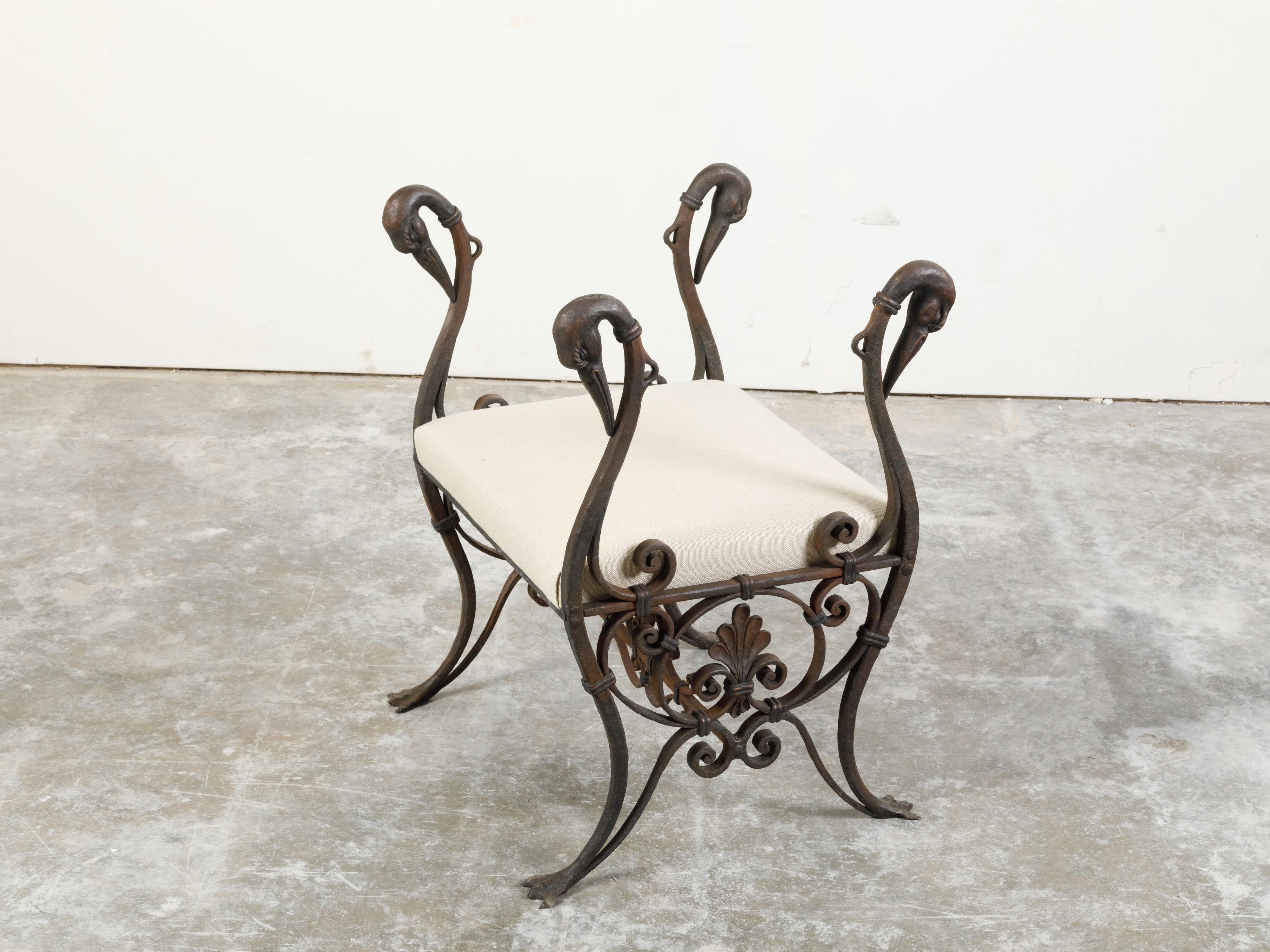 French 1900s Belle Époque Iron and Bronze Upholstered Stool with Swan Heads For Sale 3