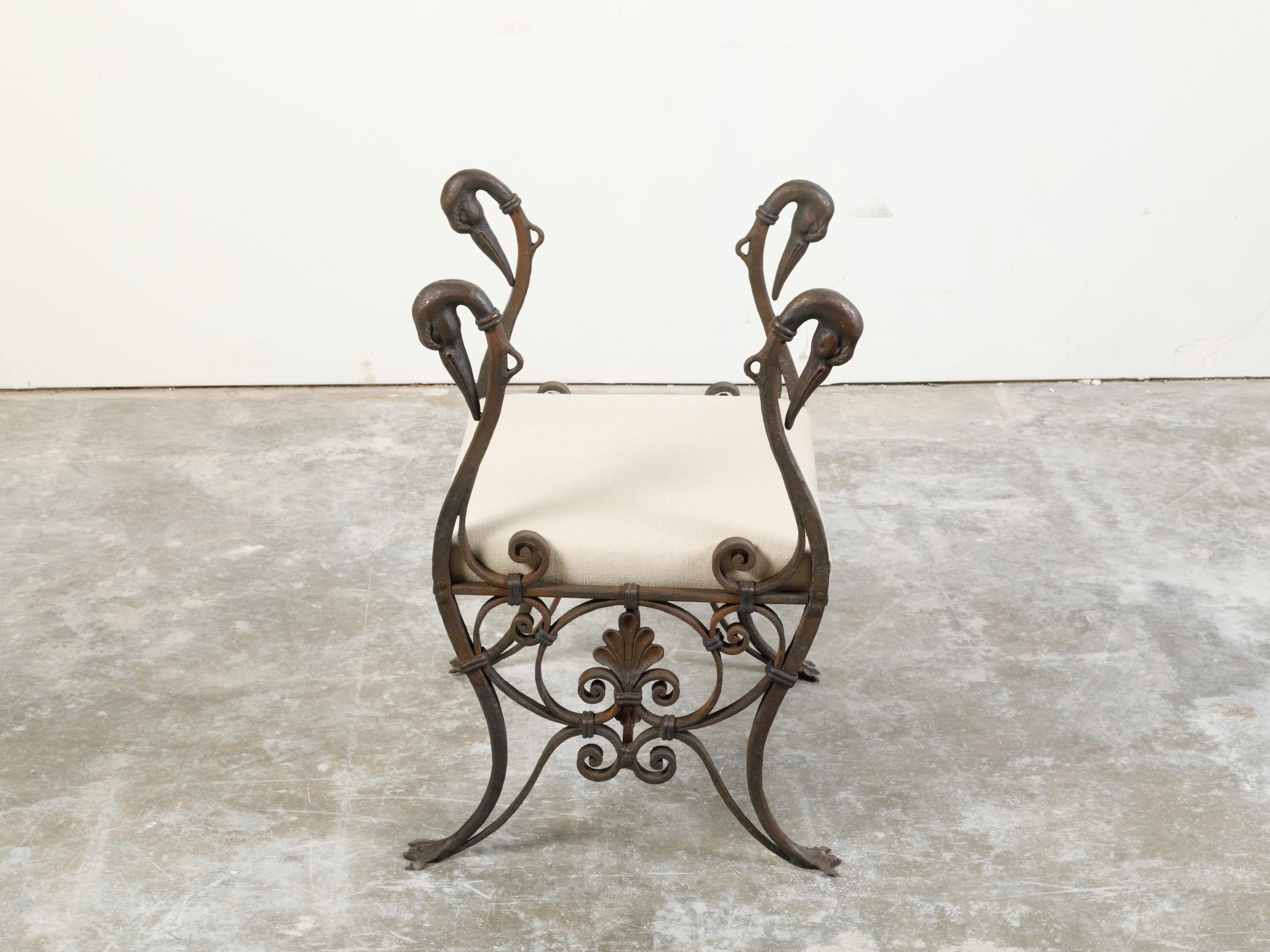 French 1900s Belle Époque Iron and Bronze Upholstered Stool with Swan Heads For Sale 4