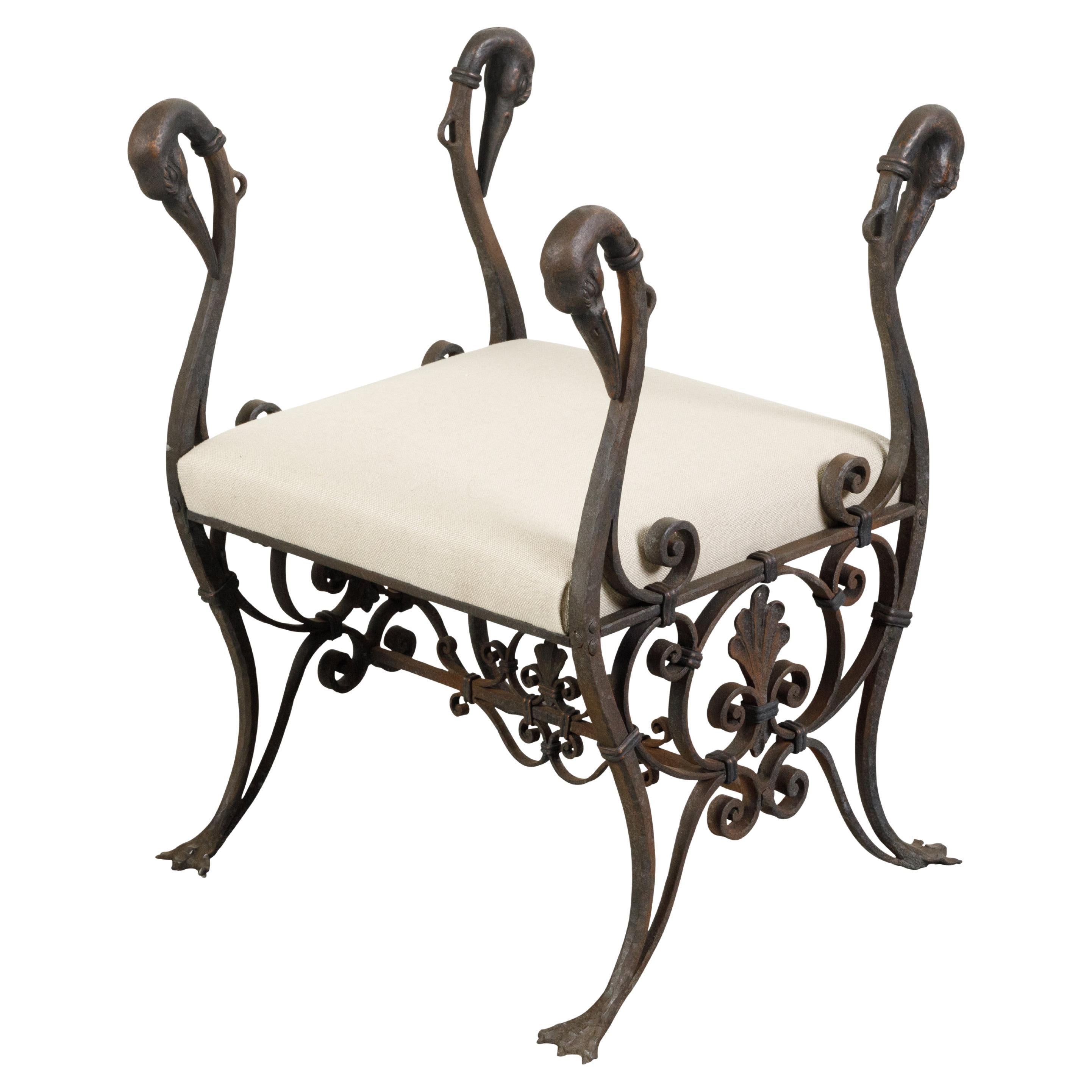 French 1900s Belle Époque Iron and Bronze Upholstered Stool with Swan Heads For Sale