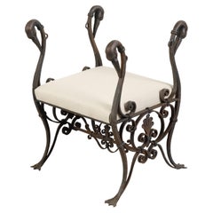Antique French 1900s Belle Époque Iron and Bronze Upholstered Stool with Swan Heads