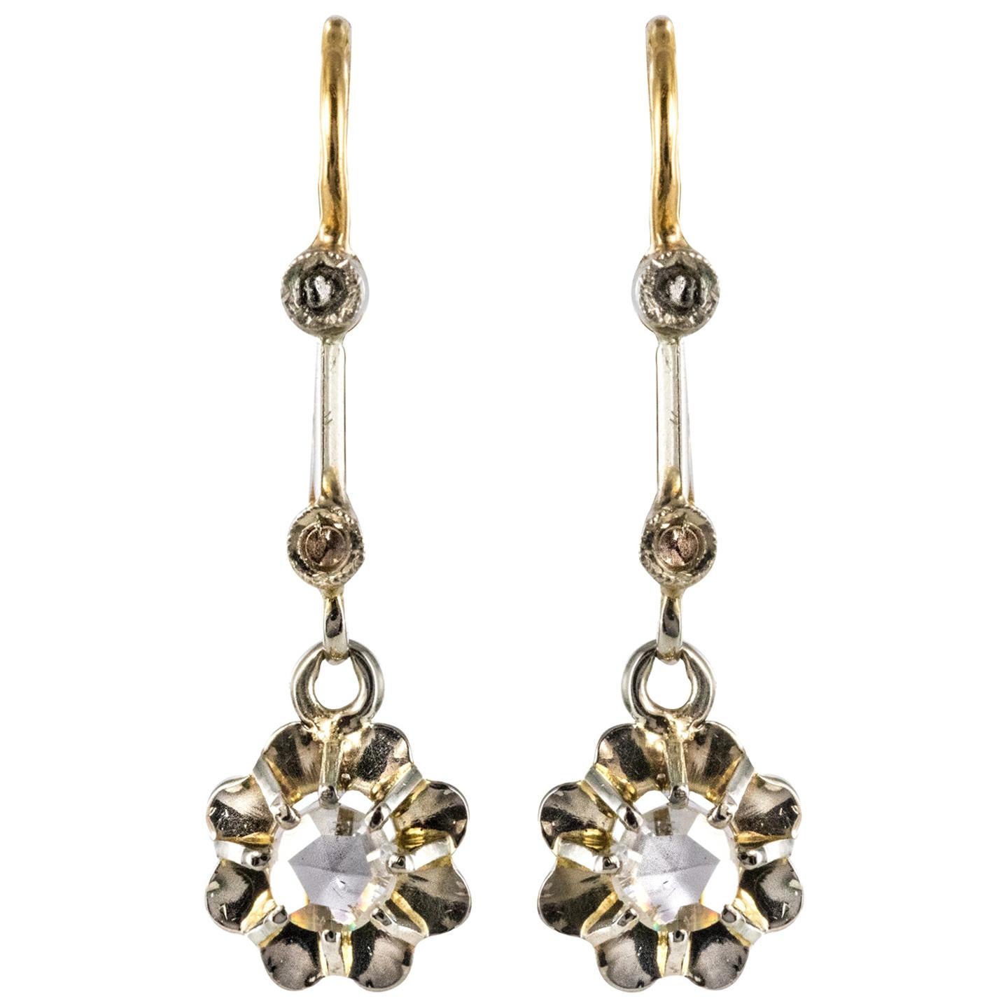 French 1900s Belle Epoque Rose Cut Diamond 18 Karat Yellow Gold Dangle Earrings For Sale