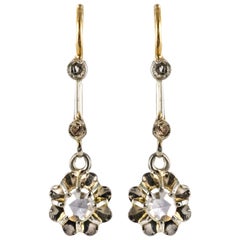 Boucles d'oreilles pendantes en or jaune 18 carats, diamant taille rose, style 1900 français Belle Epoque