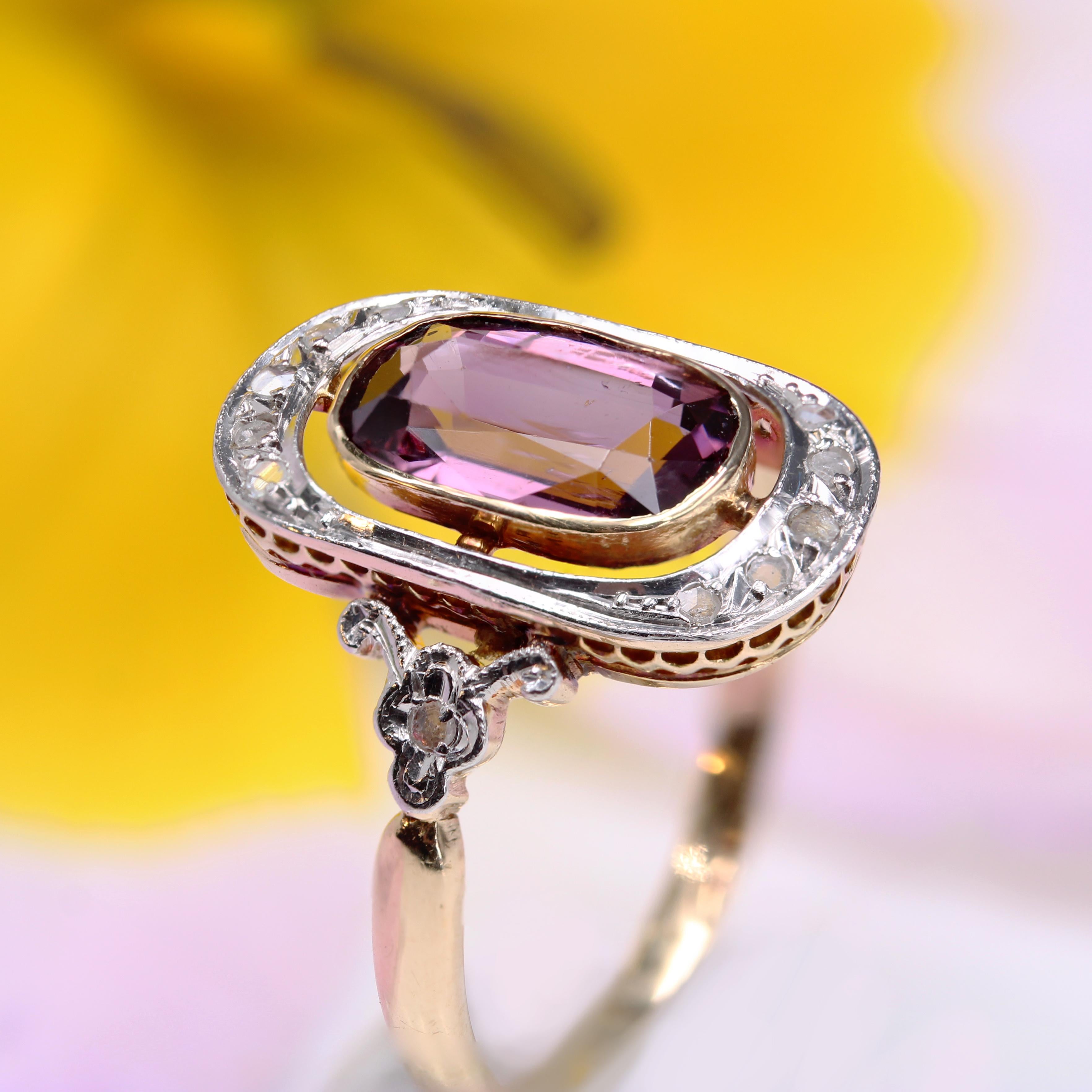 French 1900s Belle Epoque Violet Spinel Diamonds 18 Karat Yellow Gold Ring For Sale 7