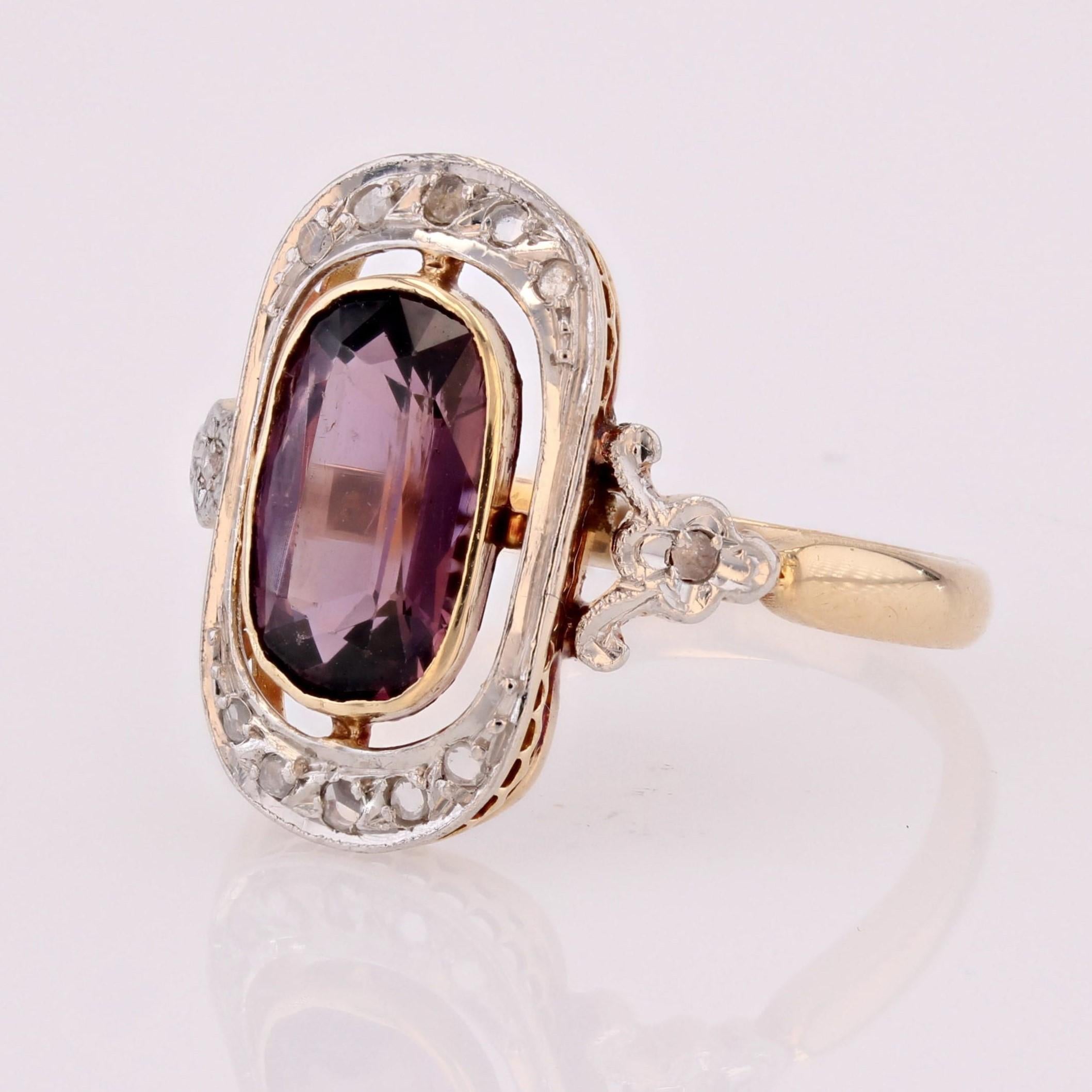 French 1900s Belle Epoque Violet Spinel Diamonds 18 Karat Yellow Gold Ring For Sale 2