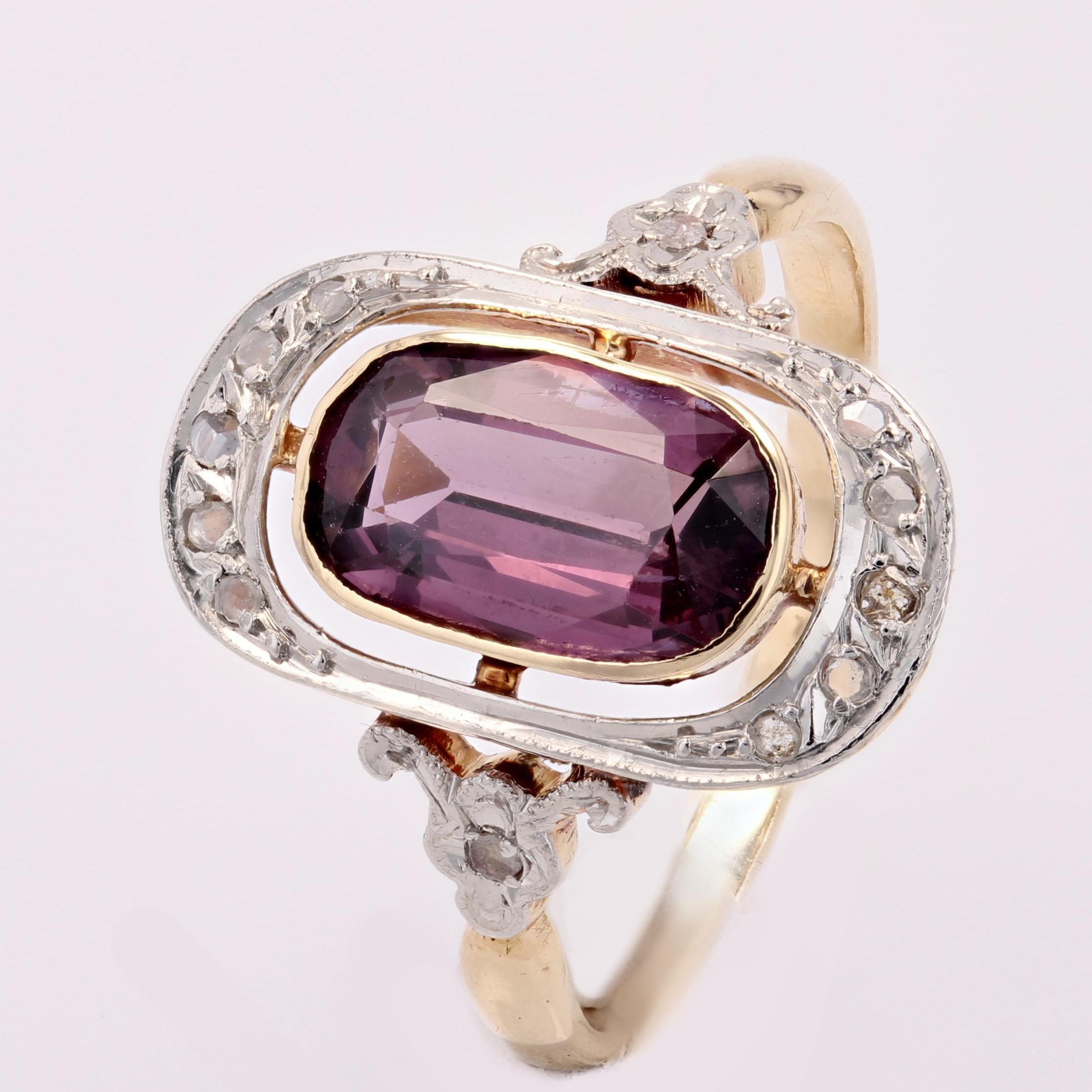 French 1900s Belle Epoque Violet Spinel Diamonds 18 Karat Yellow Gold Ring For Sale 3