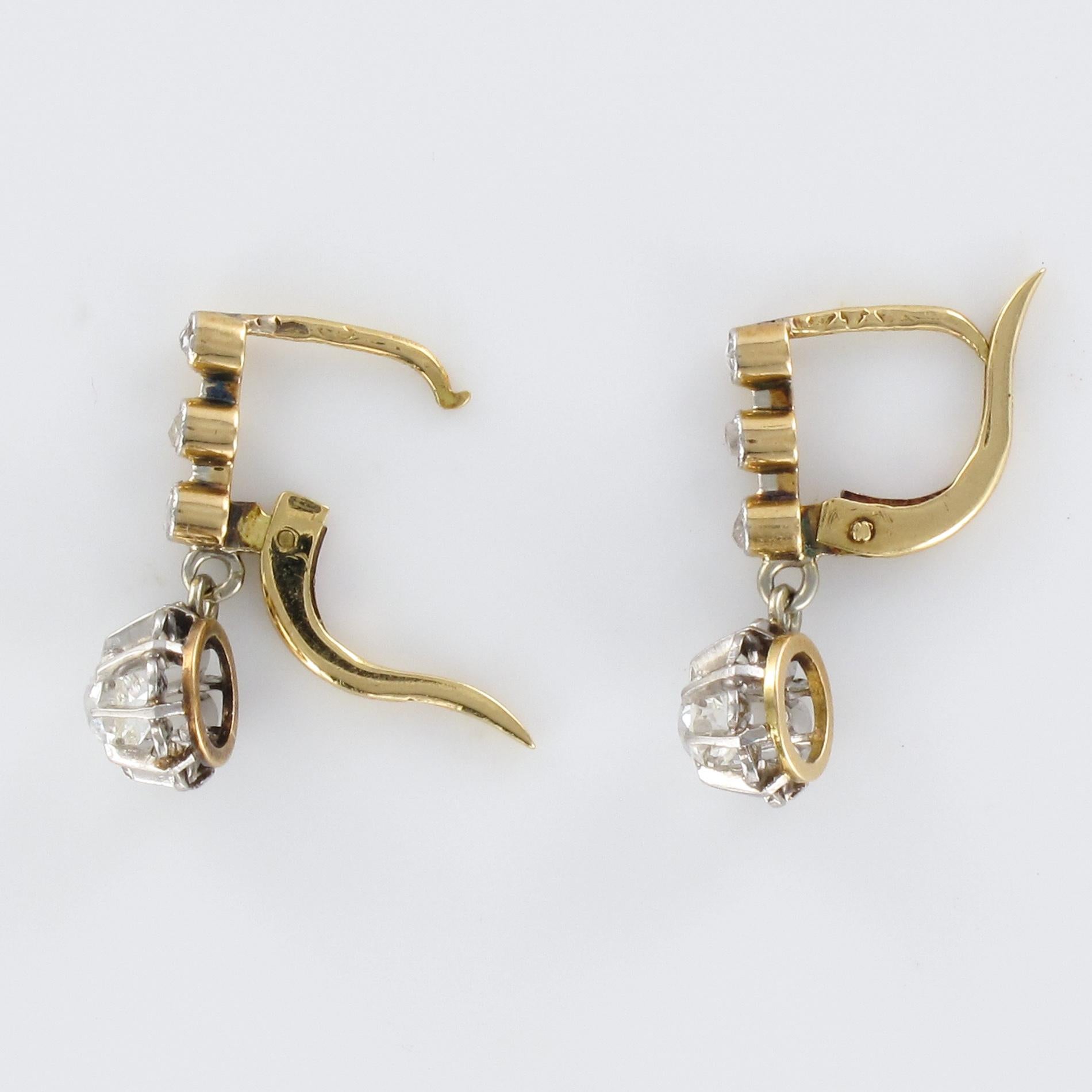 French 1900s Belle Époque Yellow Gold Diamond Dangle Earrings 3