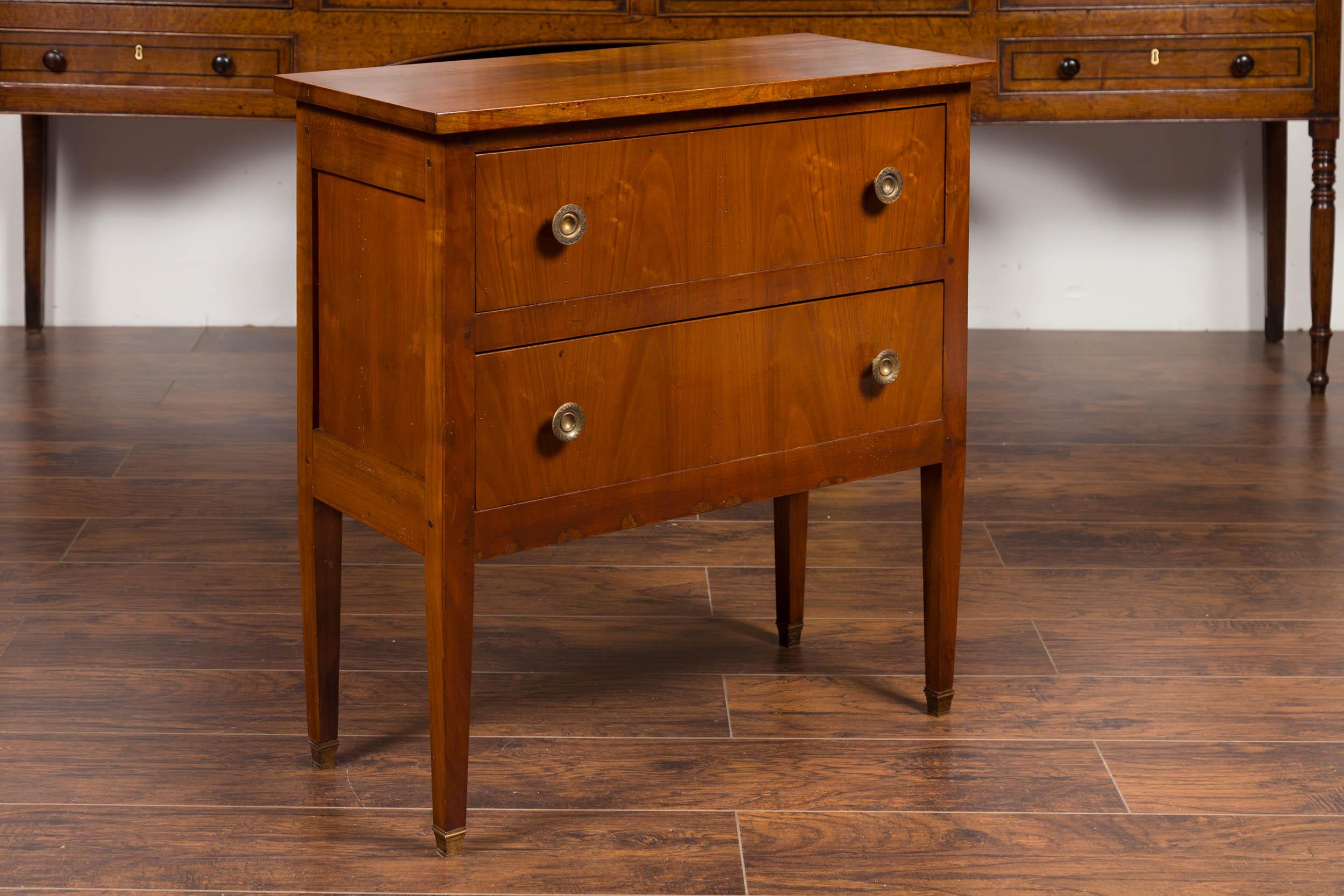 French 1900s Bookmark Veneered Two-Drawer Commode with Tapered Legs In Good Condition In Atlanta, GA