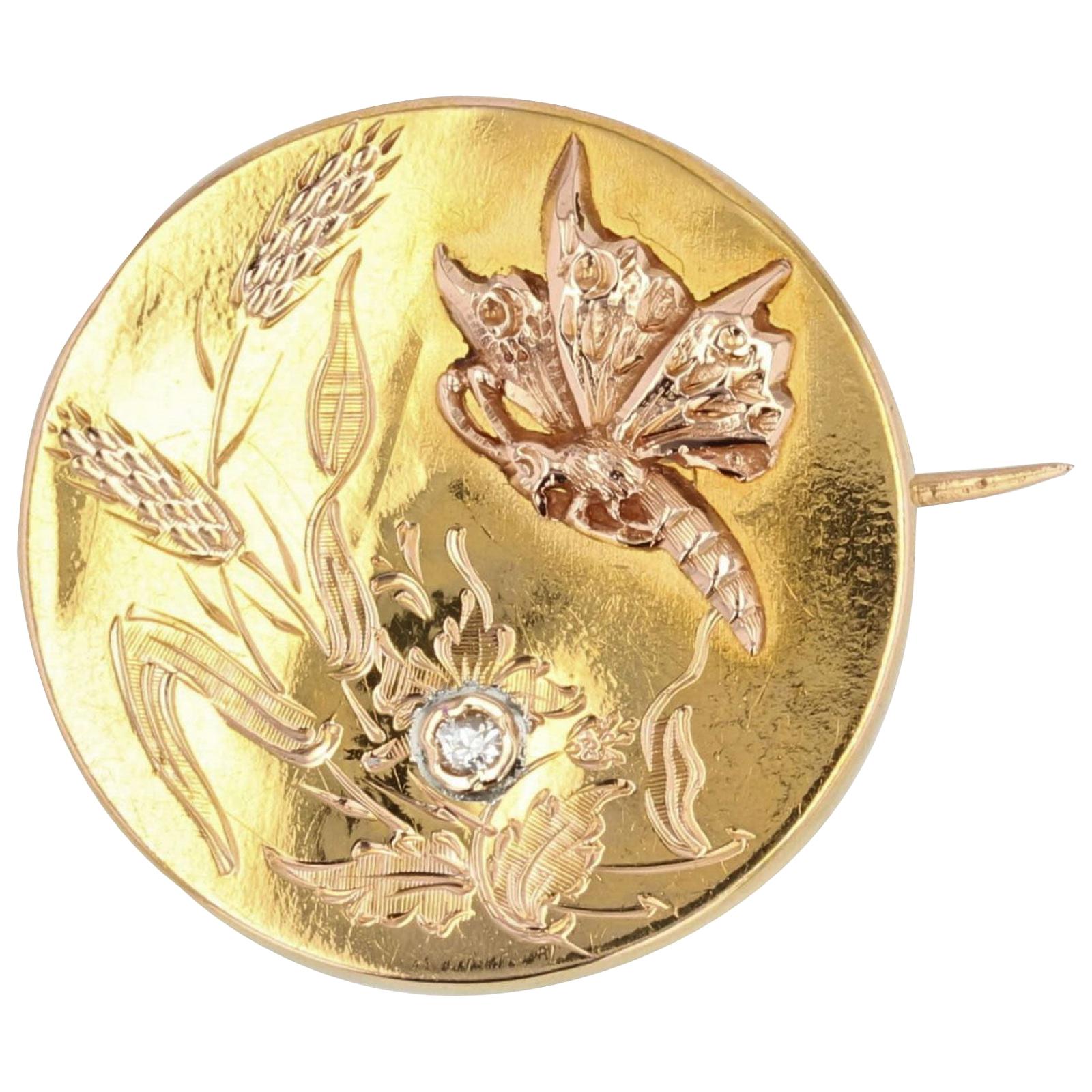 French 1900s Butterfly Diamond 18 Karat Rose Gold Neck Brooch