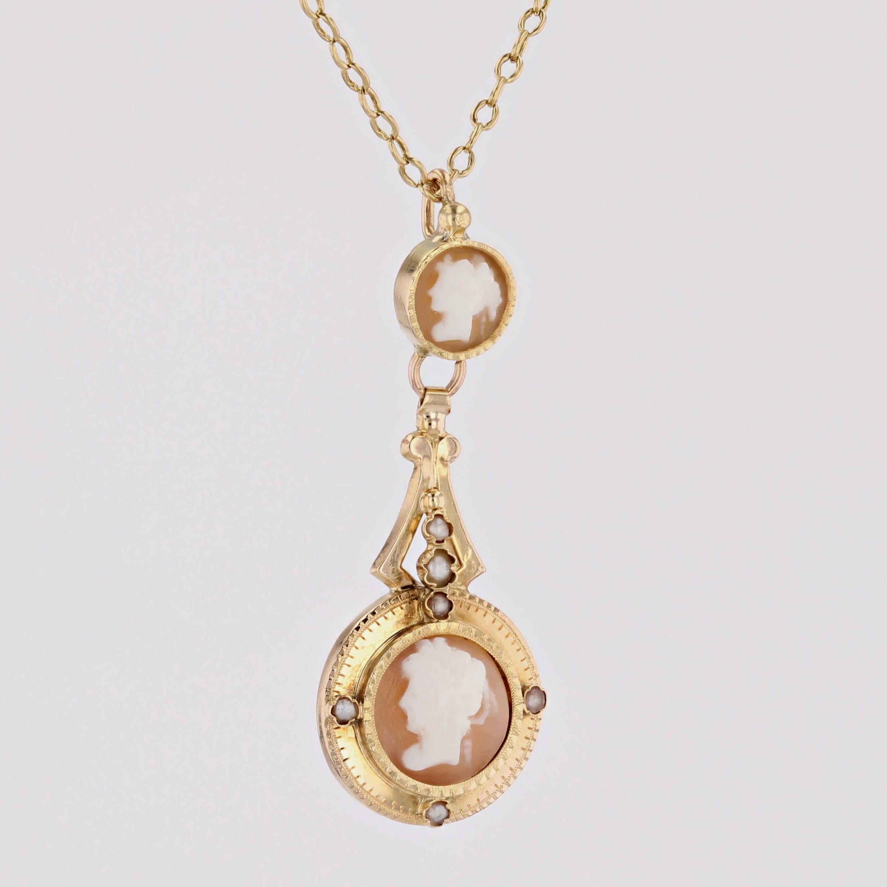 Französisch 1900er Kamee feine Perlen 18 Karat Gelbgold Halskette  im Zustand „Gut“ im Angebot in Poitiers, FR