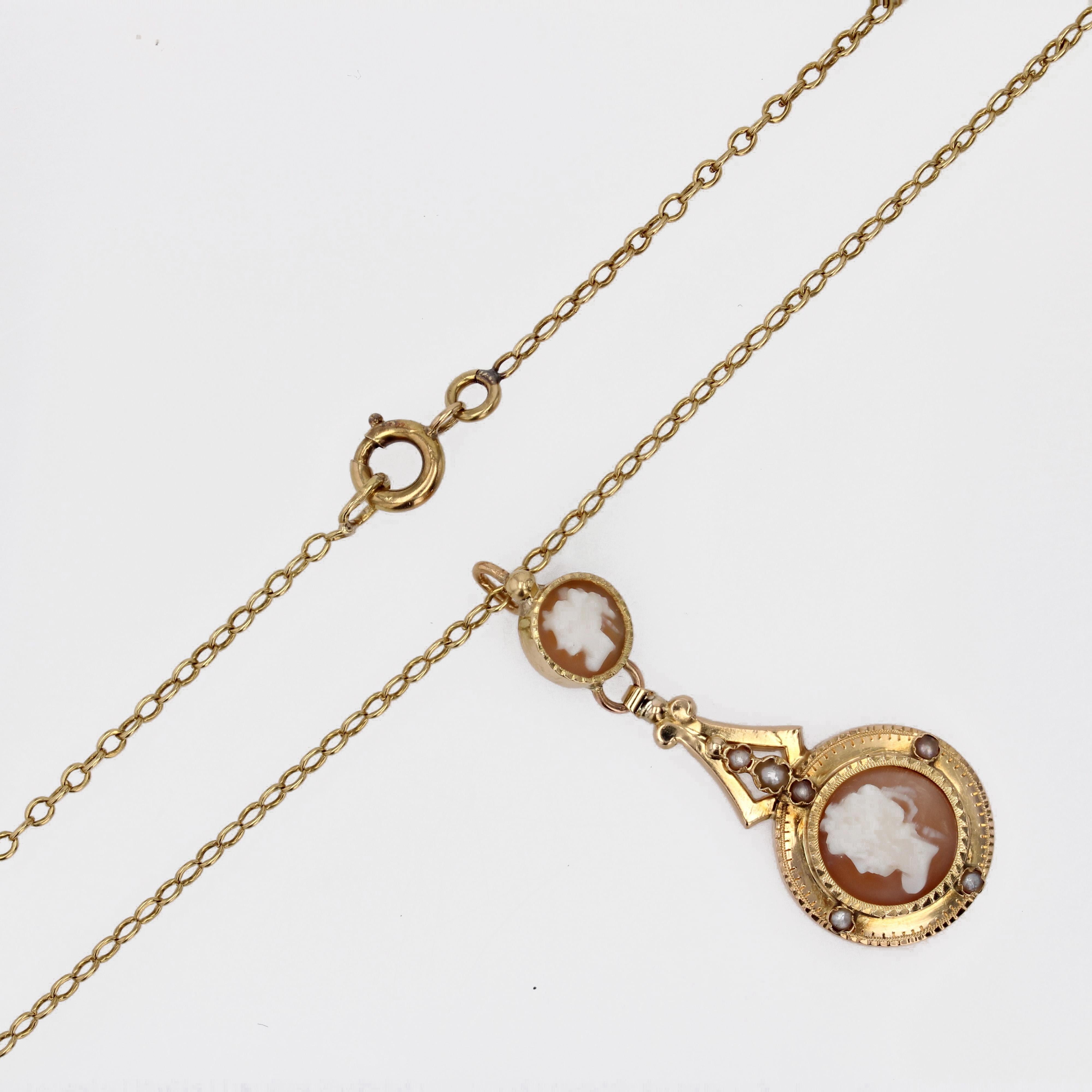Französisch 1900er Kamee feine Perlen 18 Karat Gelbgold Halskette  Damen im Angebot
