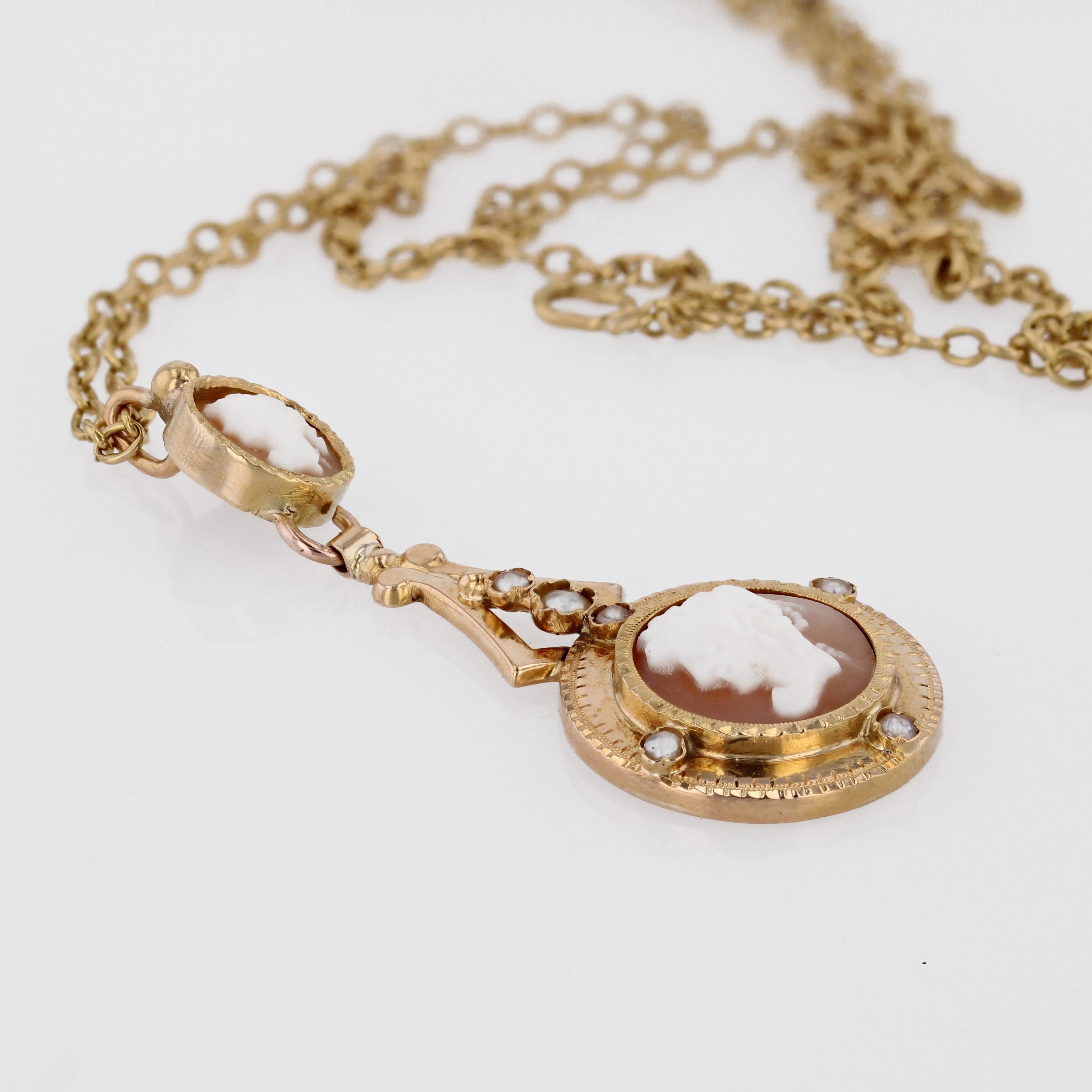 Französisch 1900er Kamee feine Perlen 18 Karat Gelbgold Halskette  im Angebot 1