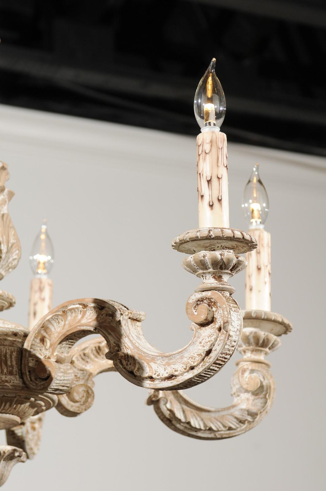 20th Century French 1900s Carved and Painted Wood Six-Light Chandelier with Scrolling Arms