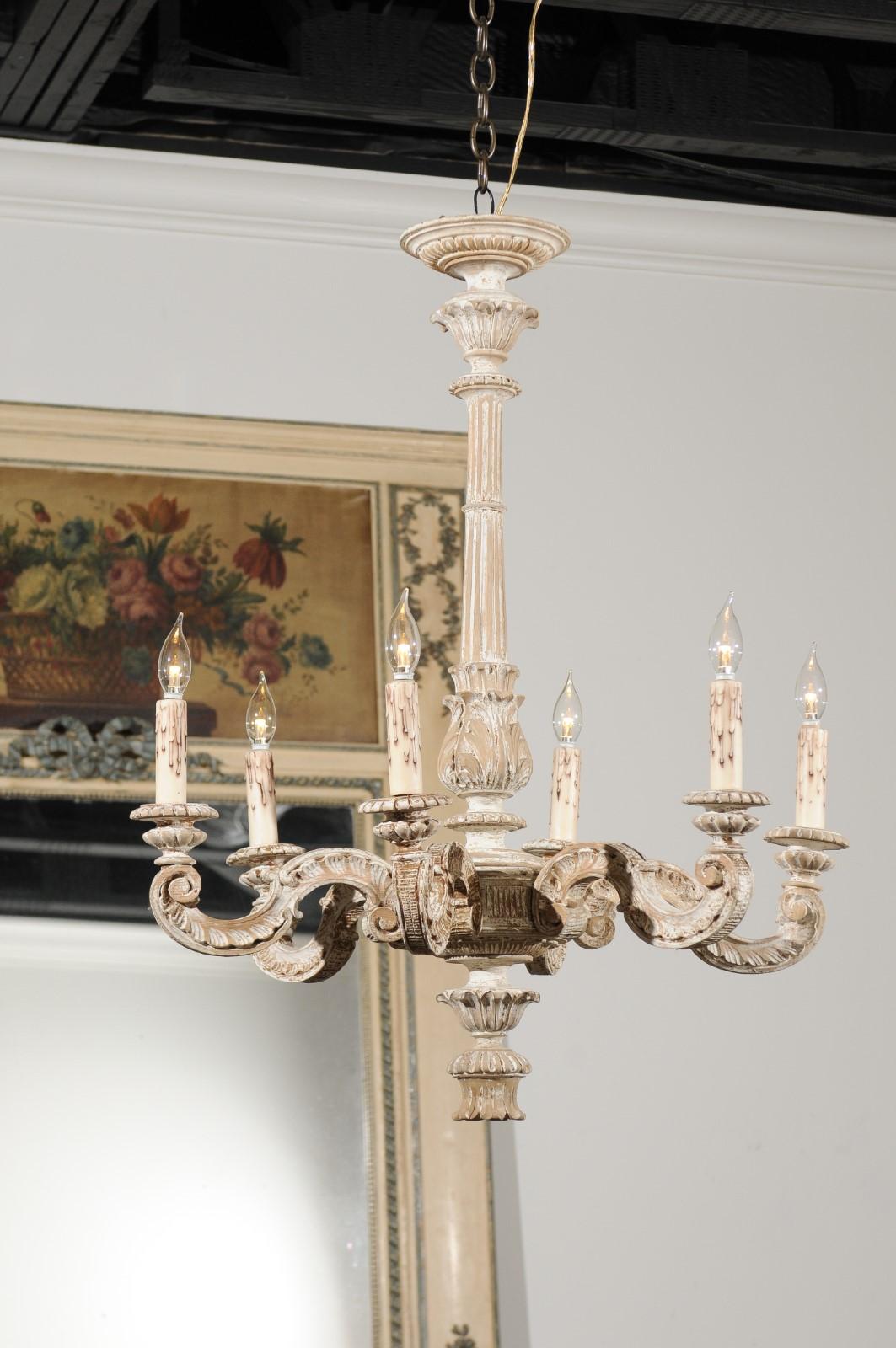 French 1900s Carved and Painted Wood Six-Light Chandelier with Scrolling Arms 2