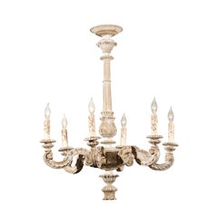 French 1900s Carved and Painted Wood Six-Light Chandelier with Scrolling Arms
