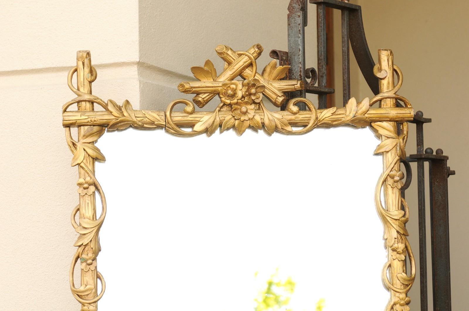 20th Century French 1900s Carved Giltwood Tall Mirror with Faux Branches and Floral Décor