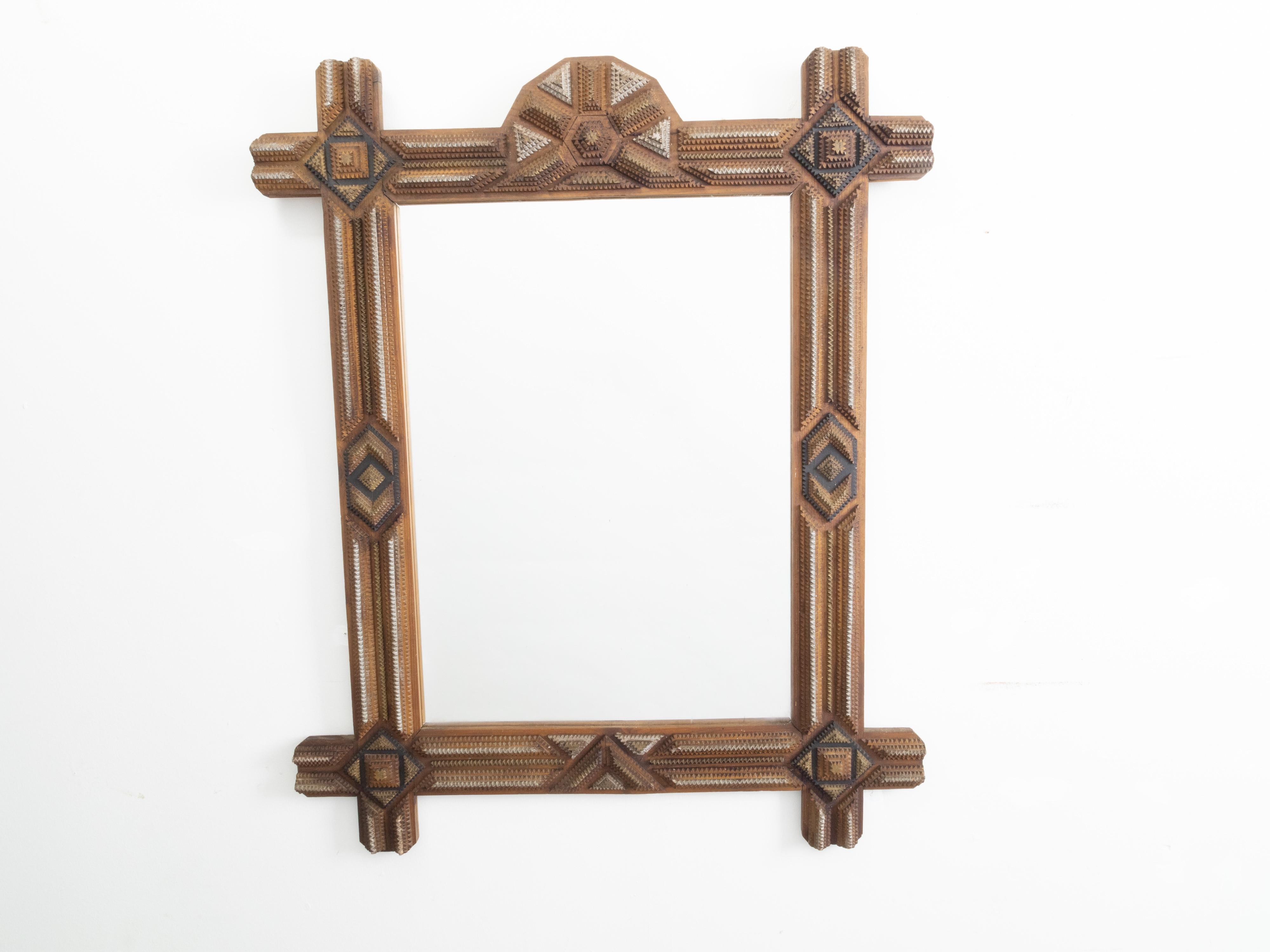 Folk Art French 1900s Carved Tramp Art Mirror with Geometric Motifs and Painted Accents