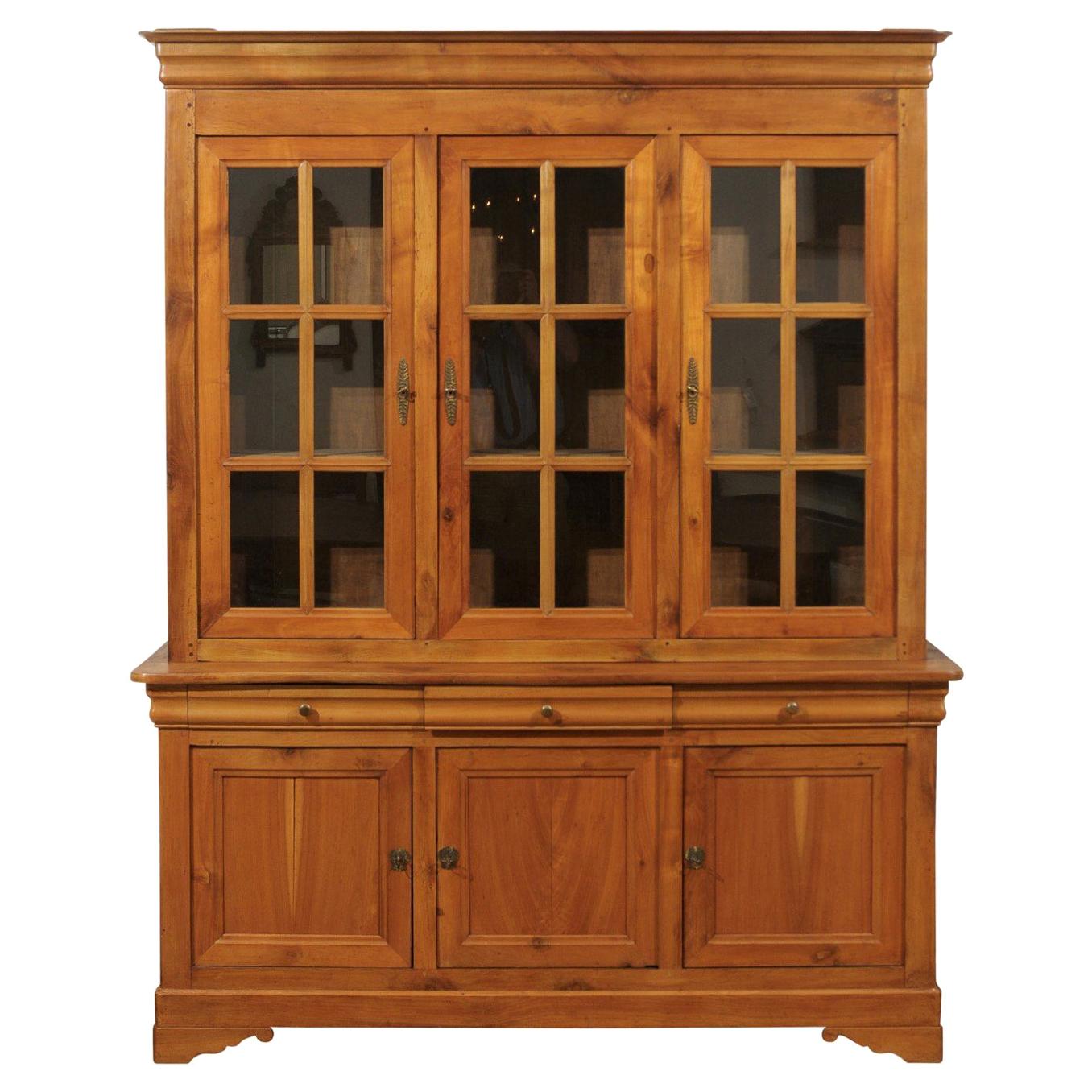 French 1900s Cherry Wood Two Part Cabinet with Inset Glass Doors and Drawers
